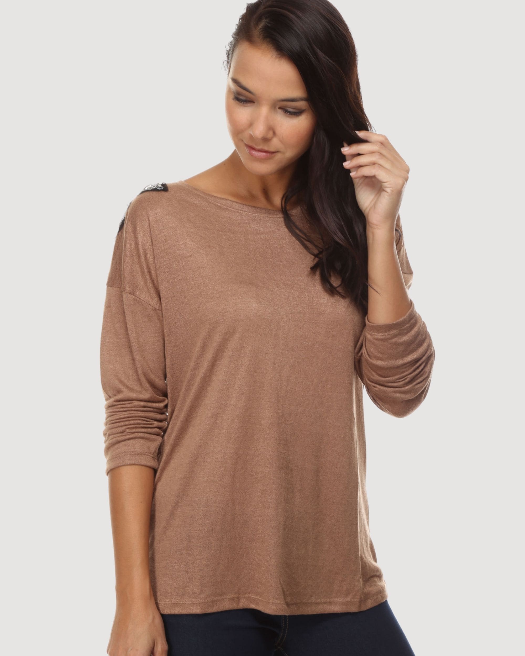 Blusa holgada manga larga camiseta suéter mujer tacto suave estilo urbano relajado cómoda casual marrón múltiples colores talla 38 outfit versátil elegante oficina y diario ✅Entrega 24/48h
