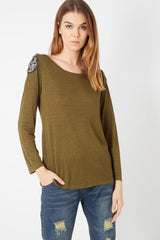 Camiseta Mujer Tipo Blusa Algodón, Diseño Jaspeado con Pedrería en Hombros y Manga Larga- AN-010252