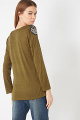 Camiseta Mujer Tipo Blusa Algodón, Diseño Jaspeado con Pedrería en Hombros y Manga Larga- AN-010252