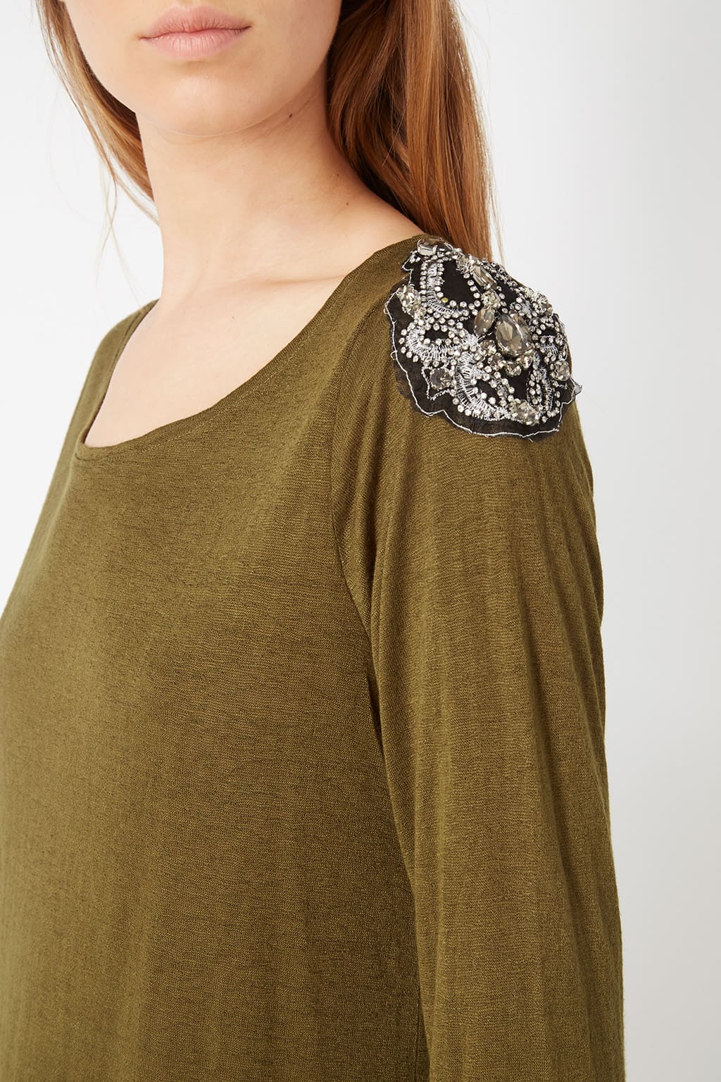 Camiseta Mujer Tipo Blusa Algodón, Diseño Jaspeado con Pedrería en Hombros y Manga Larga- AN-010252