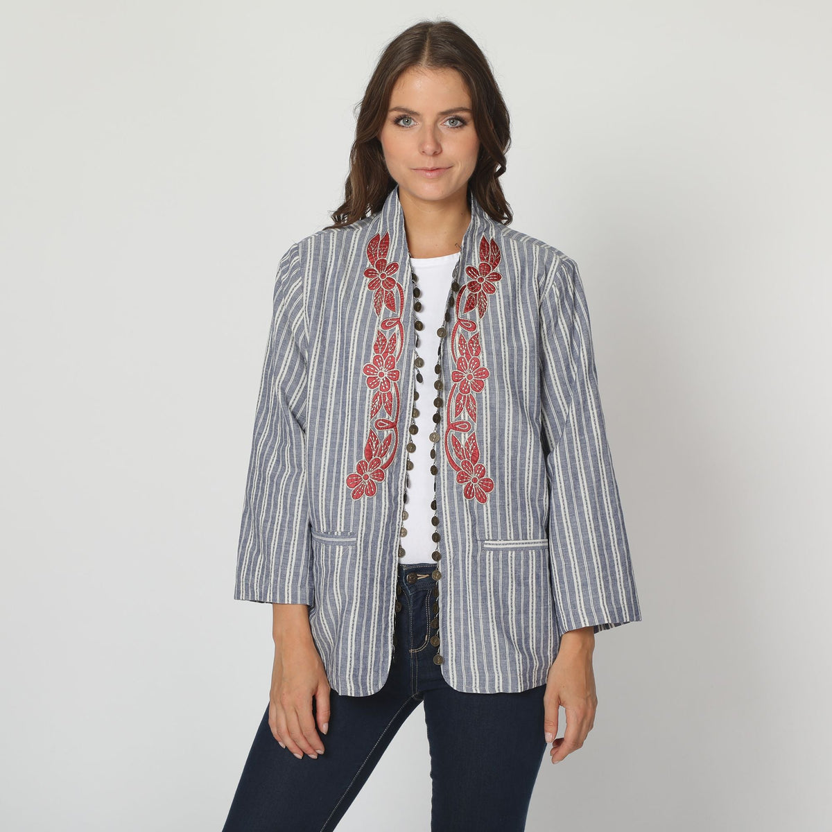 Blazer mujer rayas bordado floral chaqueta ligera algodón estilo casual elegante diseño exclusivo, manga larga, ideal oficina eventos, color gris, talla 38, cómodo y versátil, perfecto entretiempo ✅Entrega 24/48h