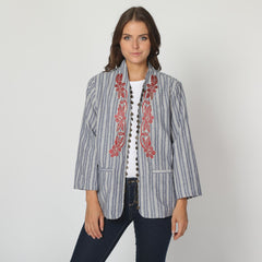 Blazer mujer rayas bordado floral chaqueta ligera algodón estilo casual elegante diseño exclusivo, manga larga, ideal oficina eventos, color gris, talla 38, cómodo y versátil, perfecto entretiempo ✅Entrega 24/48h