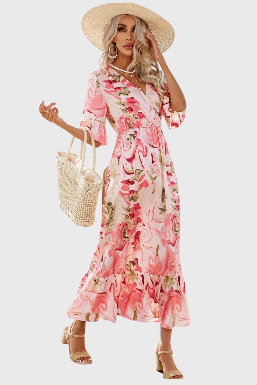 Vestido mujer midi estampado floral, dress con cuello redondo, escote en V, manga volante, cintura elástica, bajo con volante, cómodo y elegante, ideal verano, talla 38, rosa ✅Entrega 24/48h