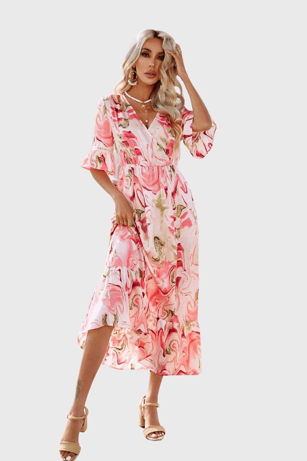 Vestido mujer midi estampado floral, dress con cuello redondo, escote en V, manga volante, cintura elástica, bajo con volante, cómodo y elegante, ideal verano, talla 38, rosa ✅Entrega 24/48h