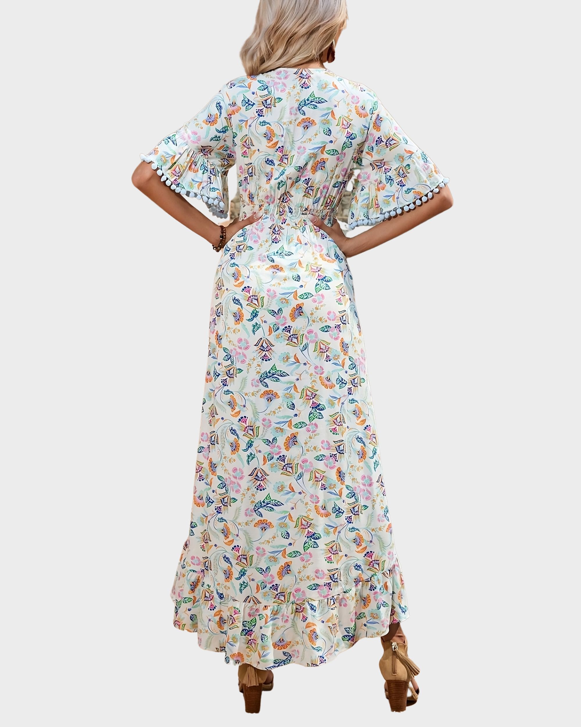 Vestido largo mujer, dress cruzado floral, diseño asimétrico, manga corta volante, detalle borlas, cierre botones, corte fluido, estampado versátil y cómodo, color blanco, talla 38 ✅Entrega 24/48h