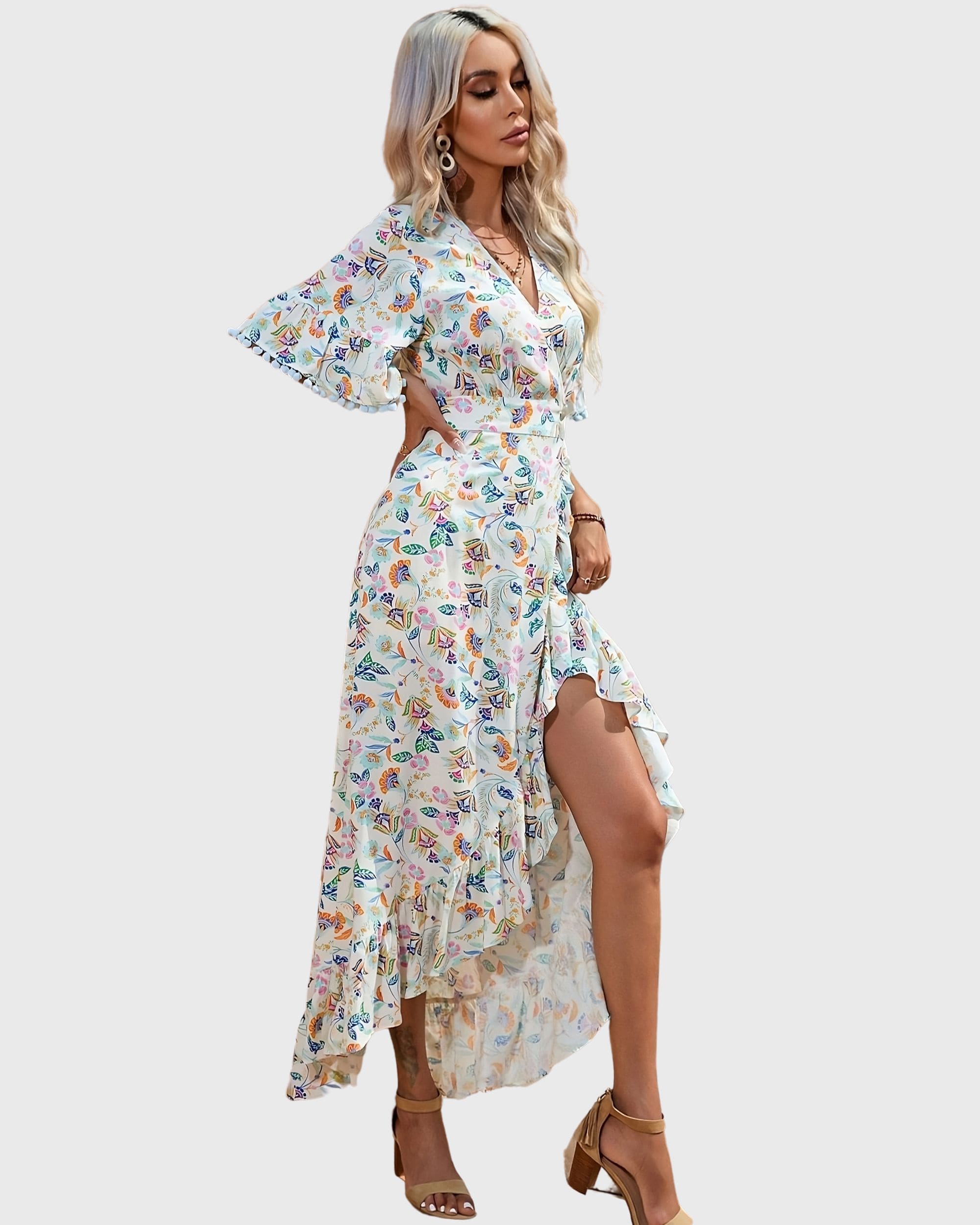 Vestido largo mujer, dress cruzado floral, diseño asimétrico, manga corta volante, detalle borlas, cierre botones, corte fluido, estampado versátil y cómodo, color blanco, talla 38 ✅Entrega 24/48h