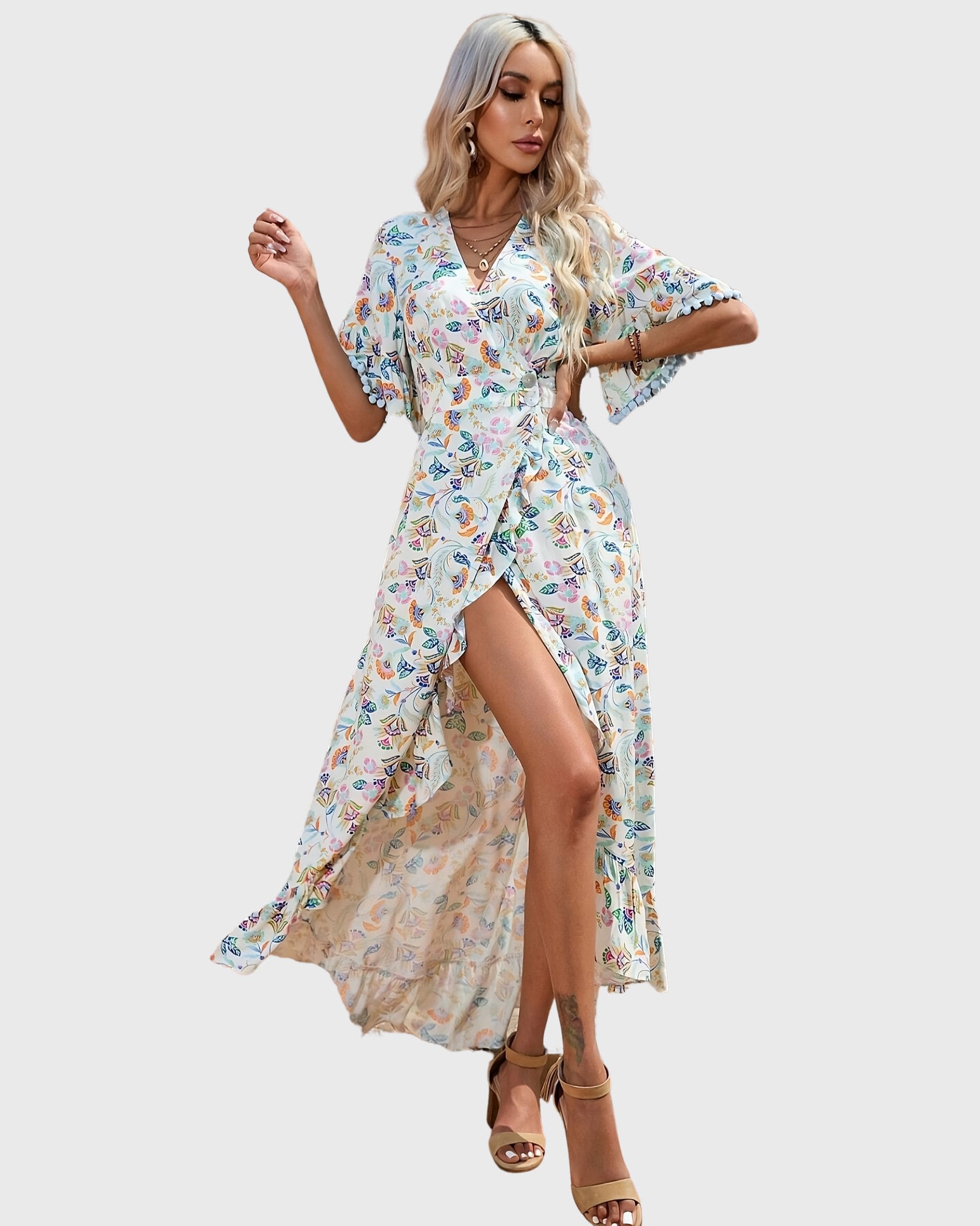 Vestido largo mujer, dress cruzado floral, diseño asimétrico, manga corta volante, detalle borlas, cierre botones, corte fluido, estampado versátil y cómodo, color blanco, talla 38 ✅Entrega 24/48h