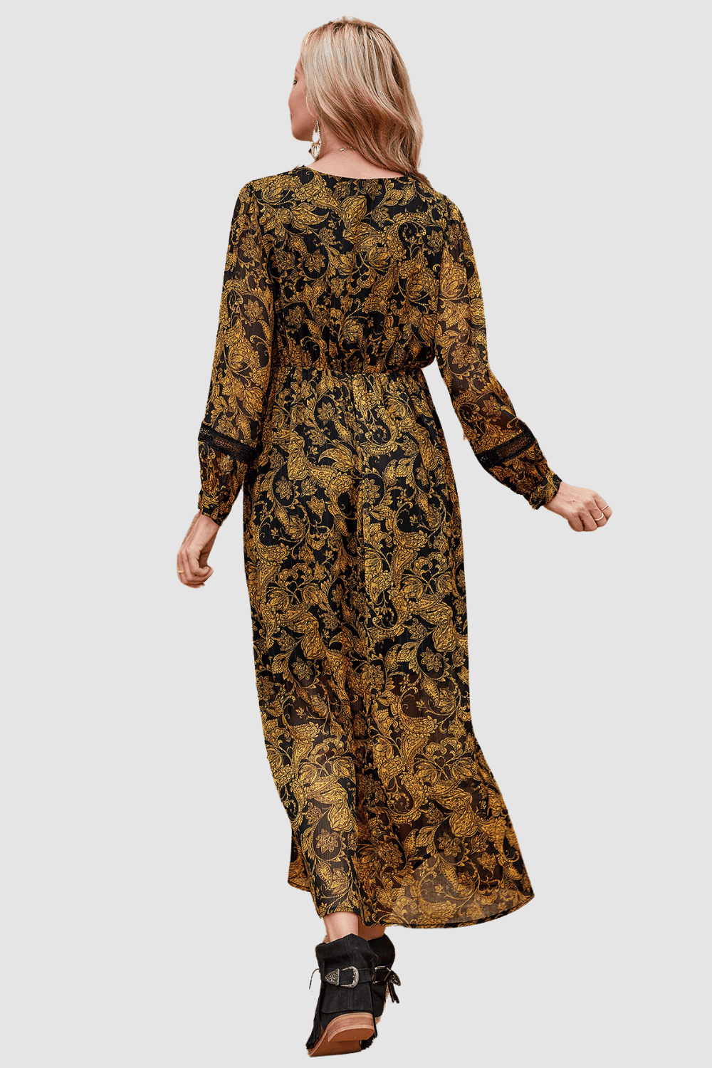 Vestido largo mujer, dress maxi estampado floral, escote V detalles bordados, manga larga, cintura elástica, estilo bohemio elegante casual, talla 38, color negro y dorado, cómodo y versátil ✅Entrega 24/48h
