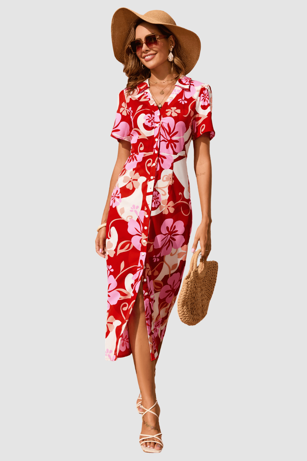 Vestido midi mujer, dress floral elegante, modelo AN-030913, corte fluido, escote en V, manga corta, botones frontales, diseño estampado, talla 38, color rojo, cómodo versátil elegante ✅Entrega 24/48h