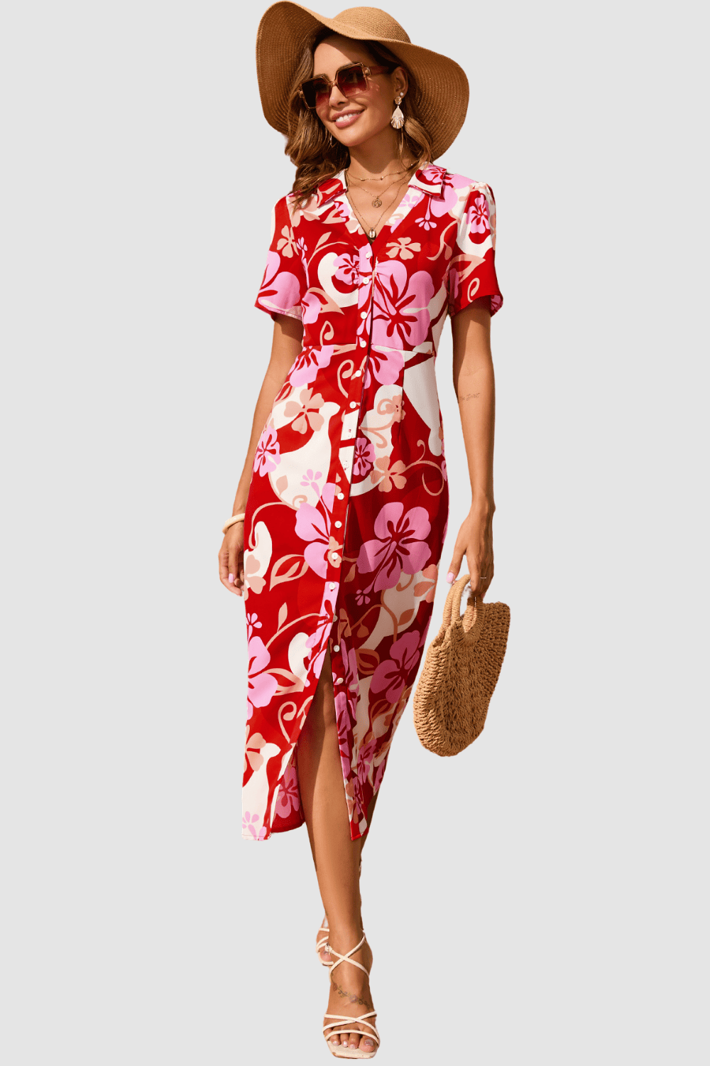 Vestido midi mujer, dress floral elegante, modelo AN-030913, corte fluido, escote en V, manga corta, botones frontales, diseño estampado, talla 38, color rojo, cómodo versátil elegante ✅Entrega 24/48h