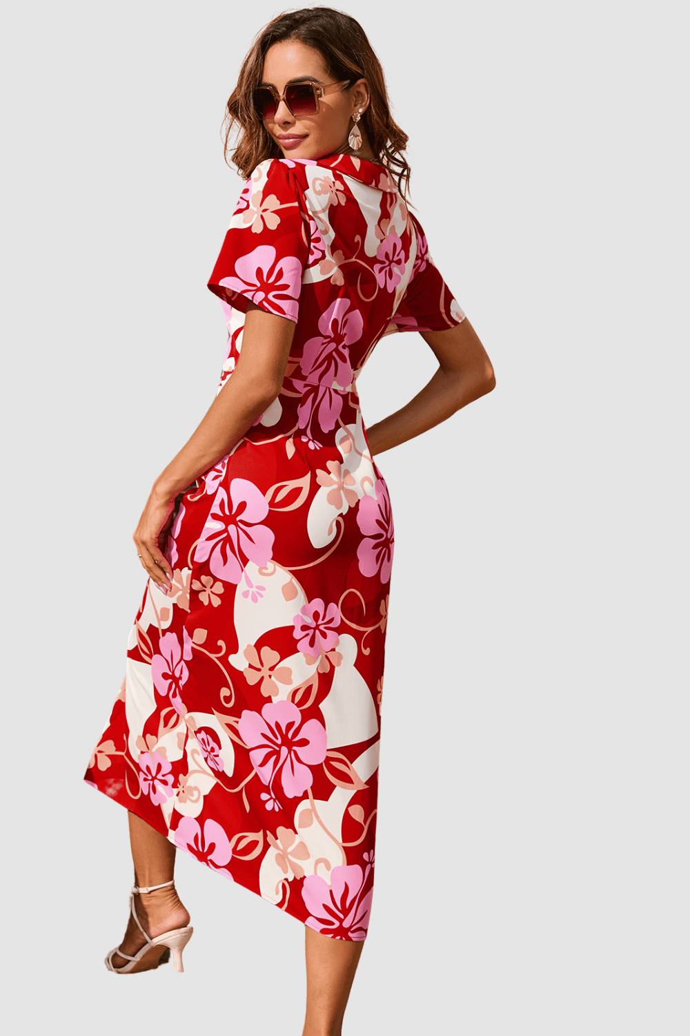 Vestido midi mujer, dress floral elegante, modelo AN-030913, corte fluido, escote en V, manga corta, botones frontales, diseño estampado, talla 38, color rojo, cómodo versátil elegante ✅Entrega 24/48h