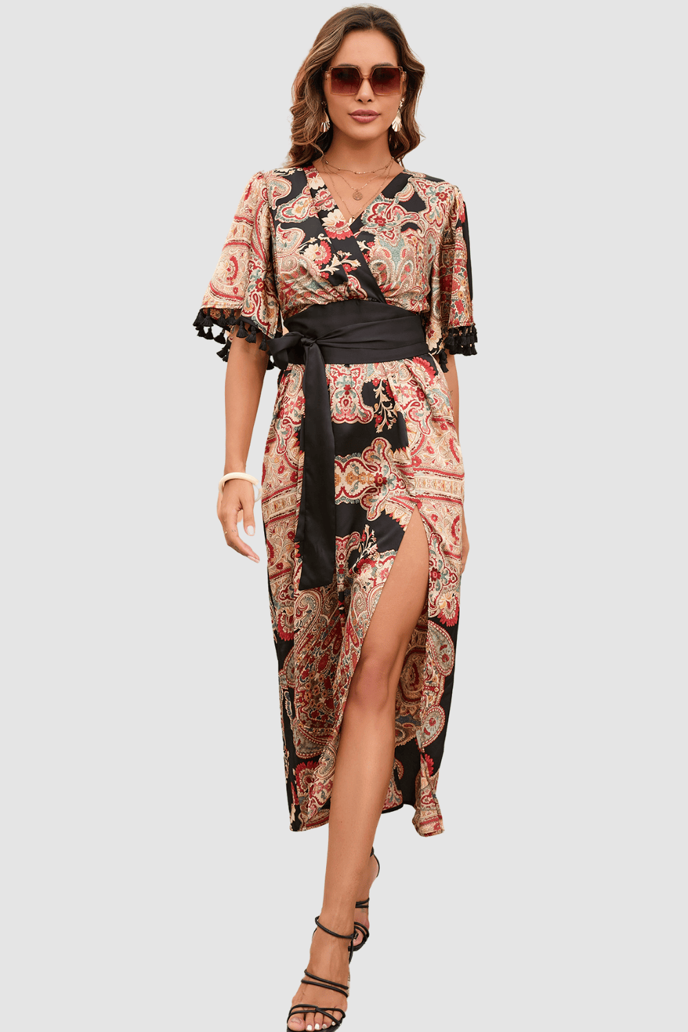 Vestido largo mujer fluido estampado satinado, dress escote en V, manga corta con borlas, abertura delantera, cinturón contraste, modelo AN-030926, talla 38, elegante y cómodo - Negro ✅Entrega 24/48h