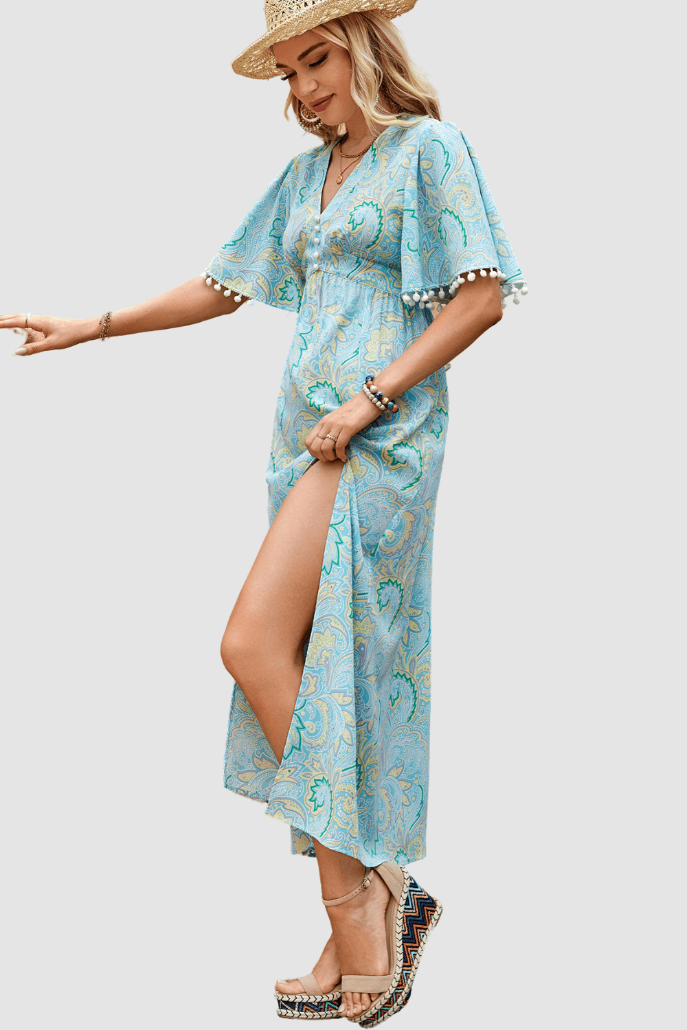 Vestido largo mujer dress outfit estampado fluido escote V botones manga corta volante borlas cintura ajustada abertura delantera elegante cómodo azul talla 38 ✅Entrega 24/48h