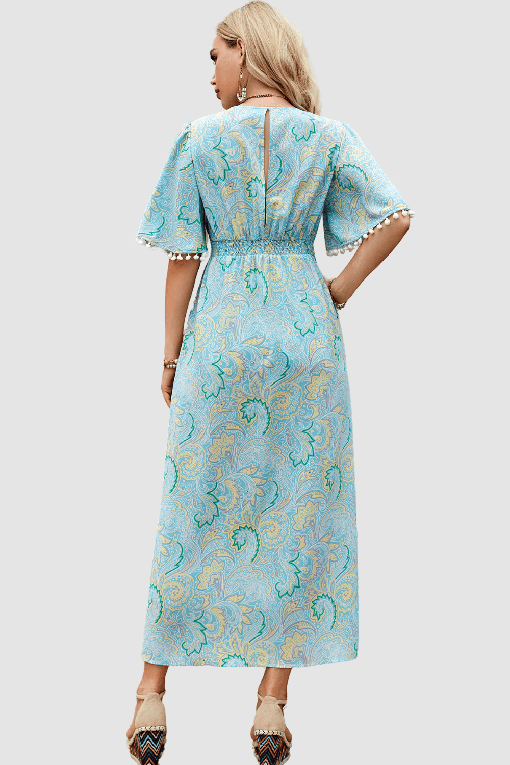 Vestido largo mujer dress outfit estampado fluido escote V botones manga corta volante borlas cintura ajustada abertura delantera elegante cómodo azul talla 38 ✅Entrega 24/48h