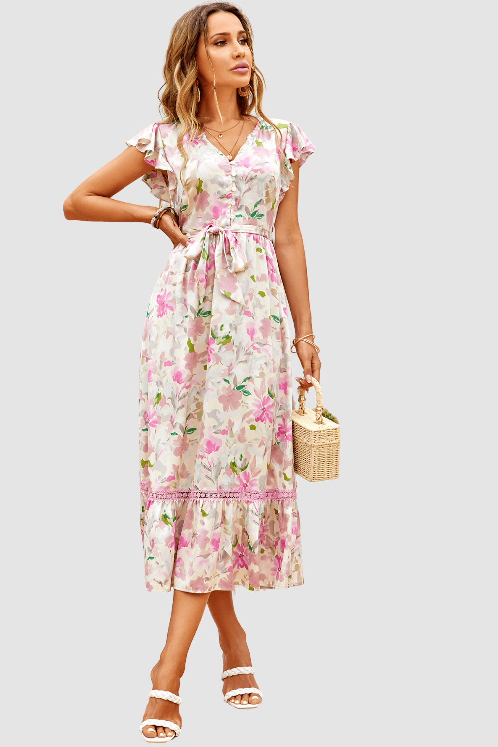Vestido mujer floral midi vestido largo fluido escote V manga corta cierre botones cinturón desmontable volante bajo primavera verano cómodo talla 38 rosa ✅Entrega 24/48h
