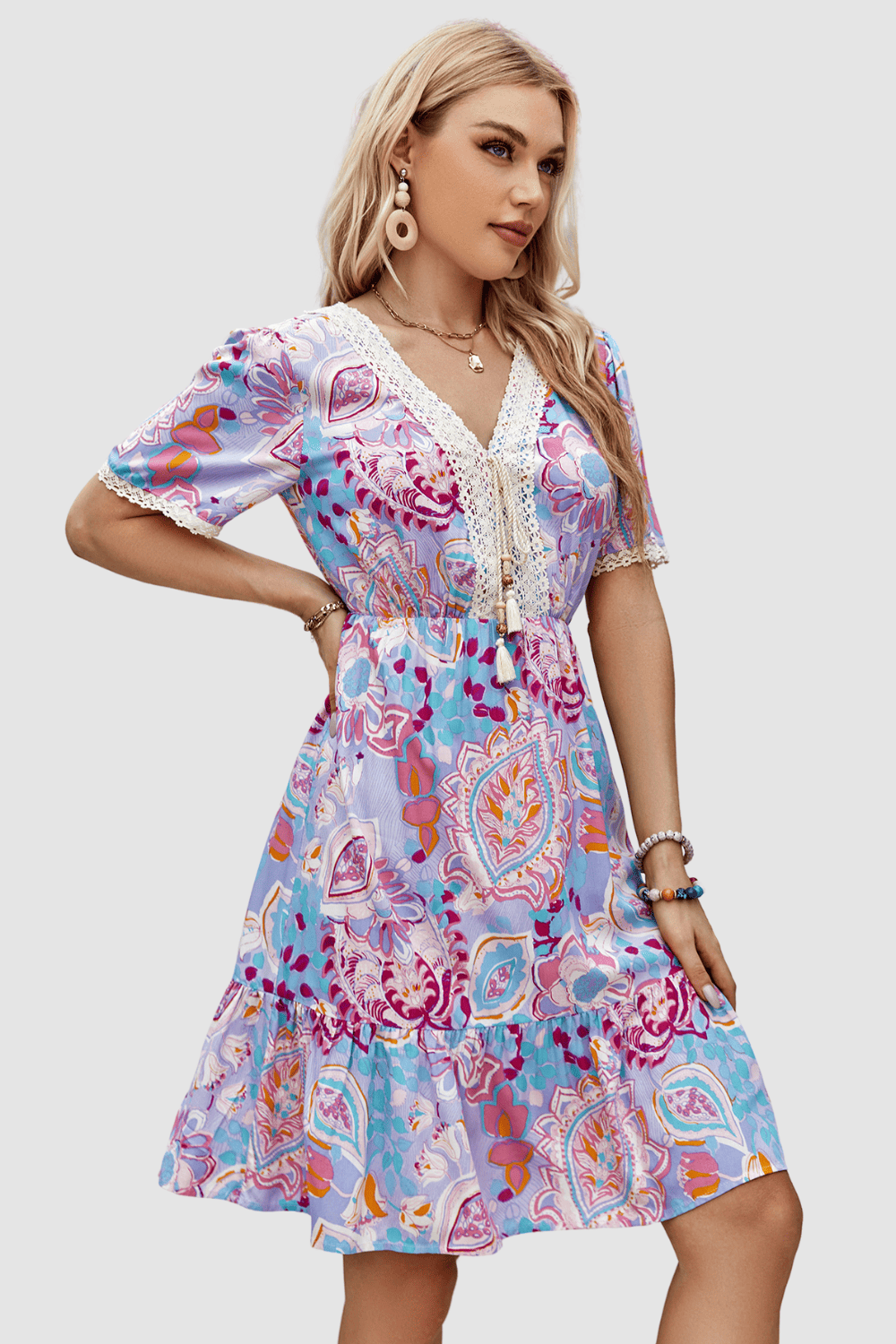 Vestido, dress, outfit Anany AN-030938, estampado paisley, escote V crochet, manga corta, elástico cintura, corte por rodilla, cómodo, versátil, talla 38, color azul lila, ideal verano, ✅Entrega 24/48h