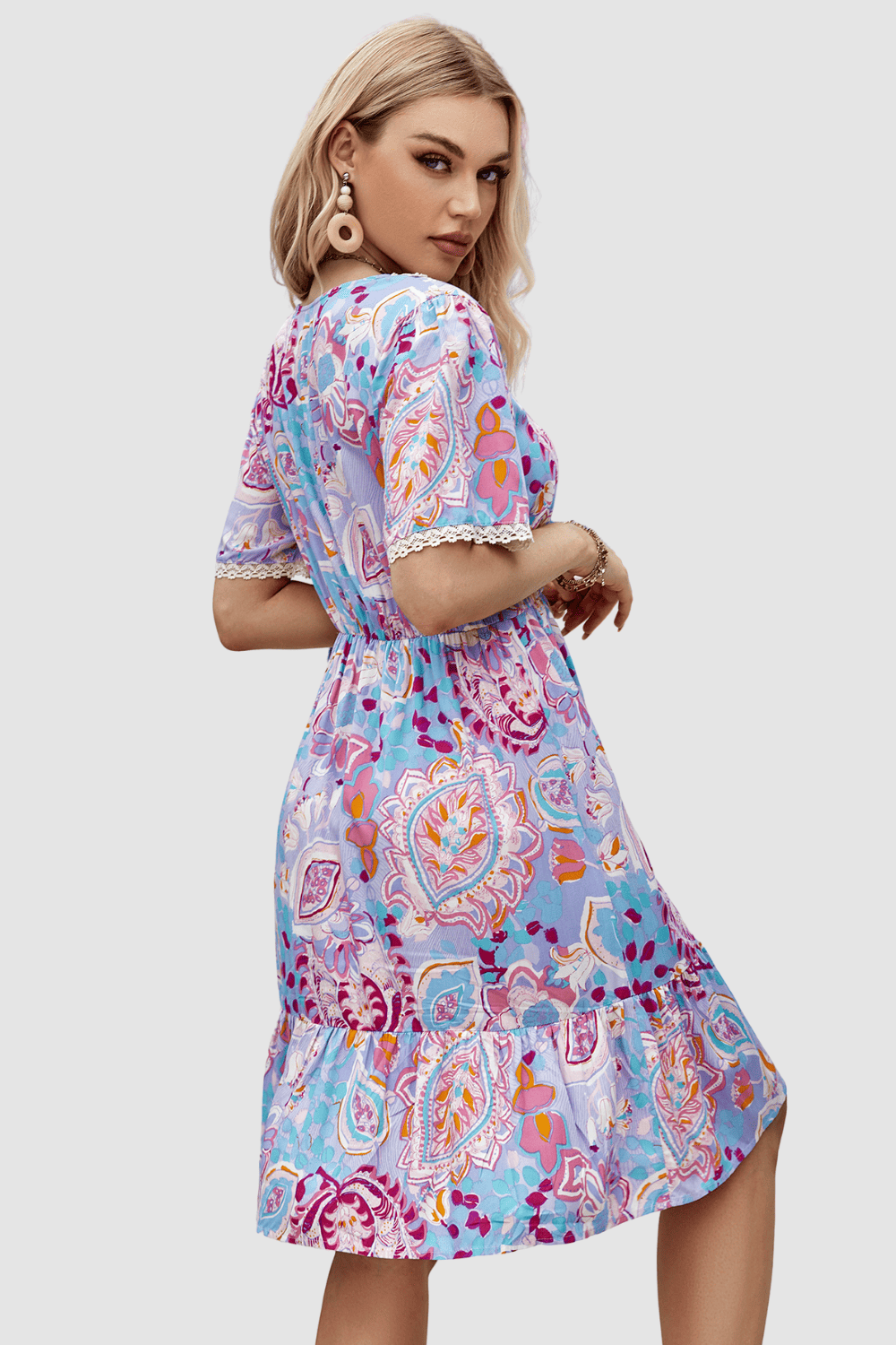 Vestido, dress, outfit Anany AN-030938, estampado paisley, escote V crochet, manga corta, elástico cintura, corte por rodilla, cómodo, versátil, talla 38, color azul lila, ideal verano, ✅Entrega 24/48h