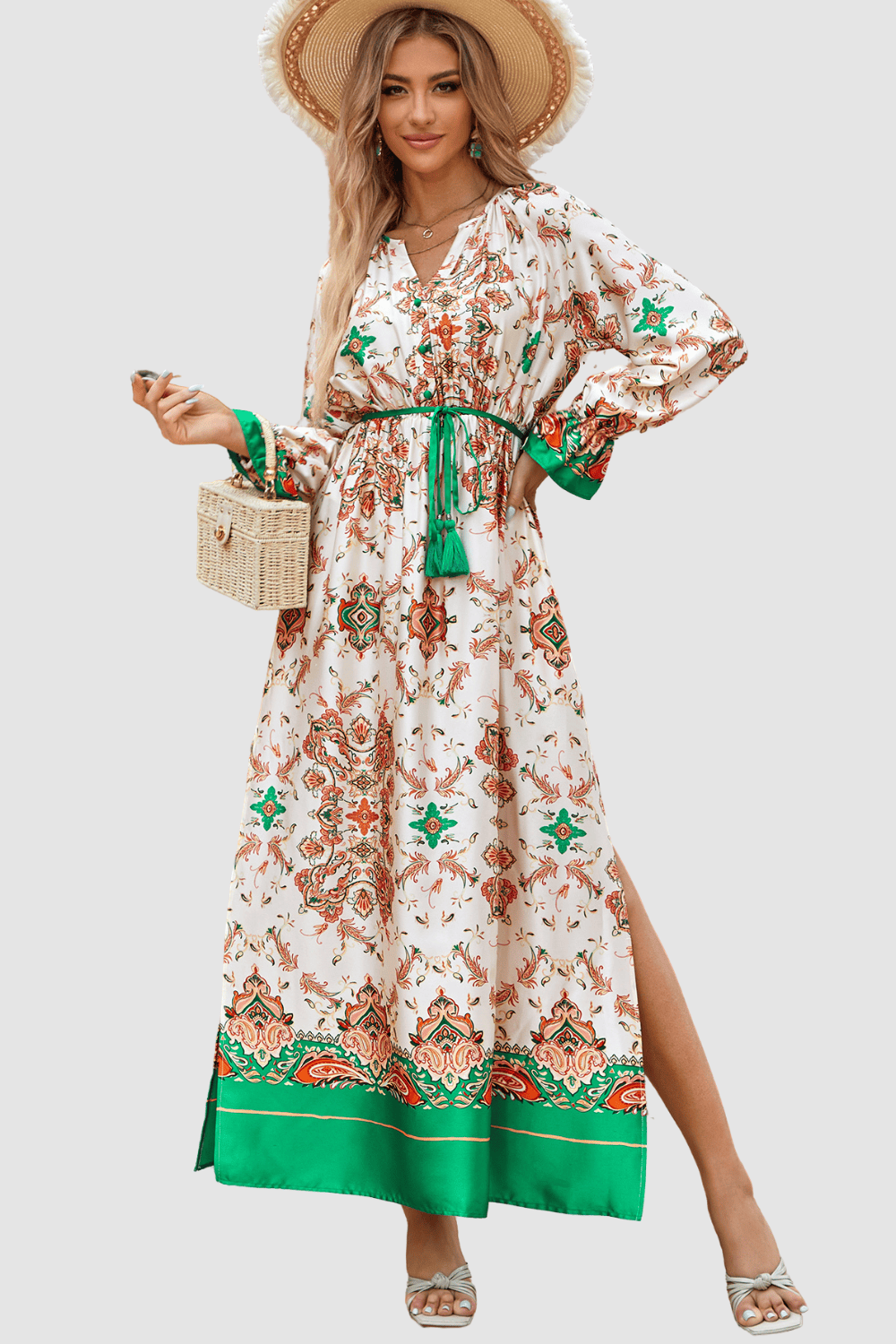 Vestido maxi mujer, dress boho chic, escote pico, manga larga elástica, estampado elegante, cinturón desmontable, corte fluido, abertura lateral, talla 38, cómodo, versátil, verde ✅Entrega 24/48h
