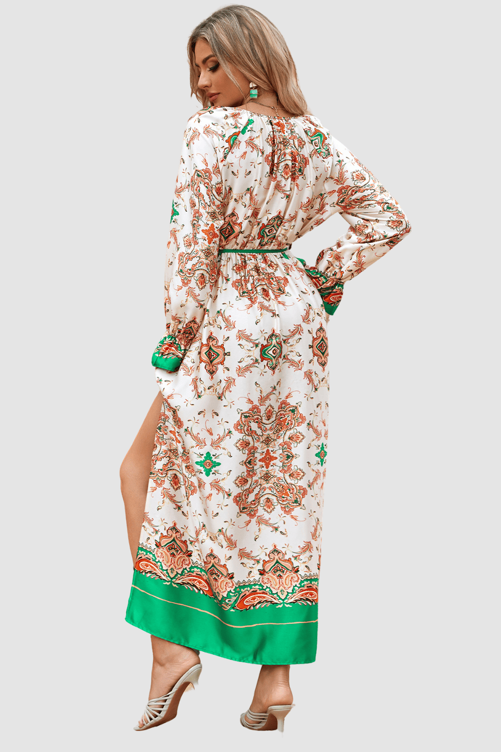 Vestido maxi mujer, dress boho chic, escote pico, manga larga elástica, estampado elegante, cinturón desmontable, corte fluido, abertura lateral, talla 38, cómodo, versátil, verde ✅Entrega 24/48h