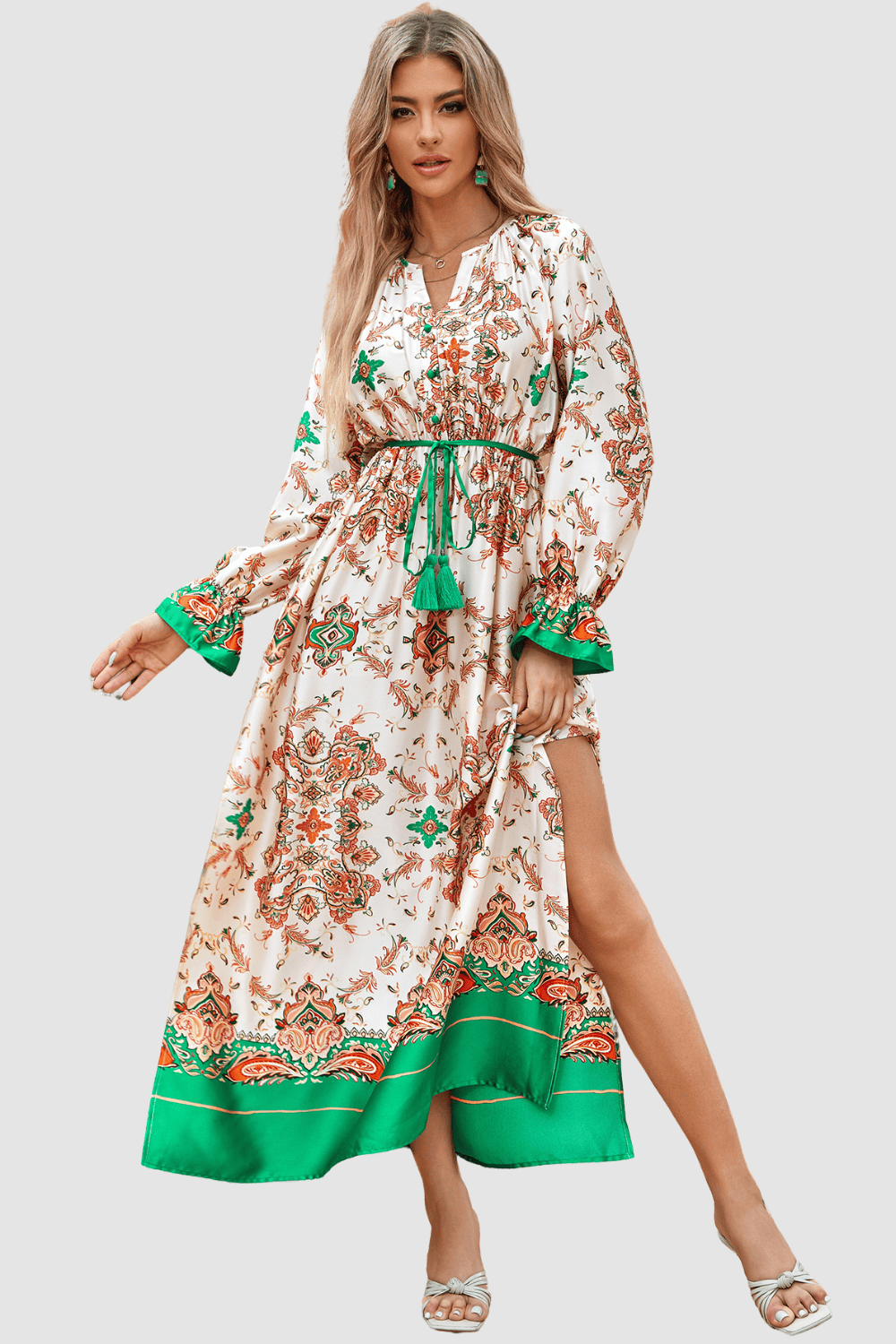 Vestido maxi mujer, dress boho chic, escote pico, manga larga elástica, estampado elegante, cinturón desmontable, corte fluido, abertura lateral, talla 38, cómodo, versátil, verde ✅Entrega 24/48h