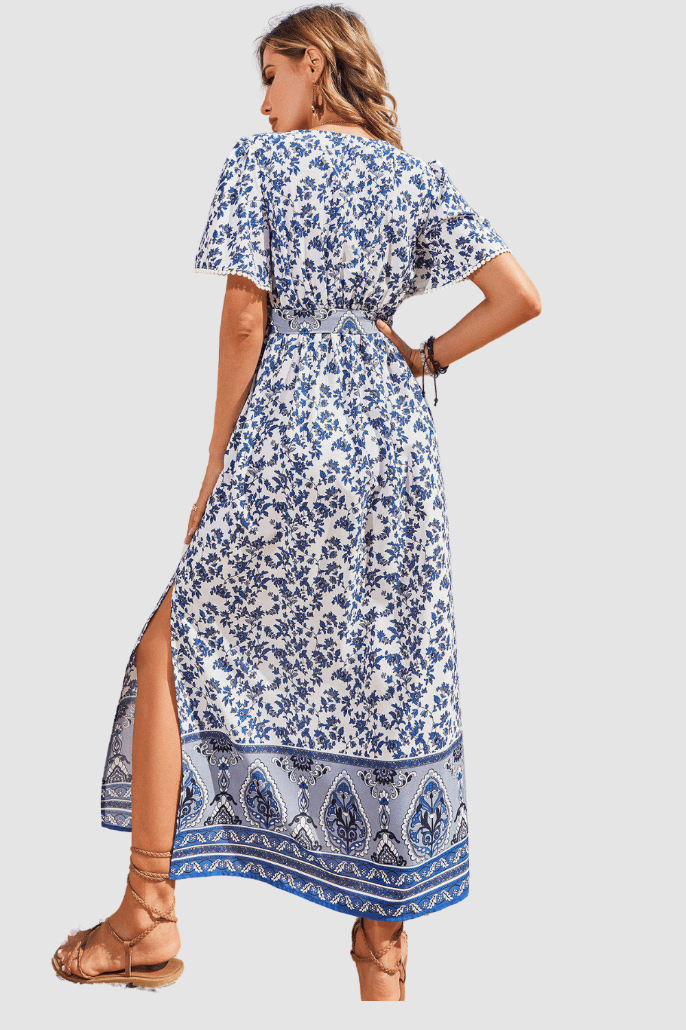 Vestido mujer fluido estampado floral boho dress Anany AN-030946, escote pico crochet, manga corta, cintura elástica, cinturón desmontable, abertura lateral, talla 38, cómodo y versátil azul ✅Entrega 24/48h