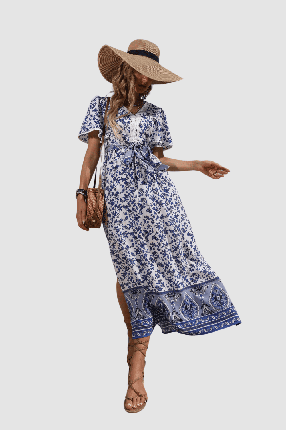 Vestido mujer fluido estampado floral boho dress Anany AN-030946, escote pico crochet, manga corta, cintura elástica, cinturón desmontable, abertura lateral, talla 38, cómodo y versátil azul ✅Entrega 24/48h