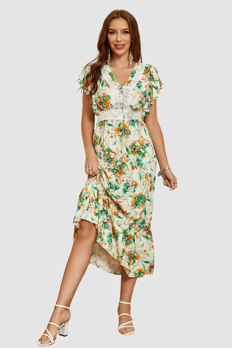 Vestido largo mujer estampado floral dress modelo AN-030948 manga corta volantes escote en V detalles crochet ajuste cintura cremallera cómodo elegante talla 38 multicolor ✅Entrega 24/48h