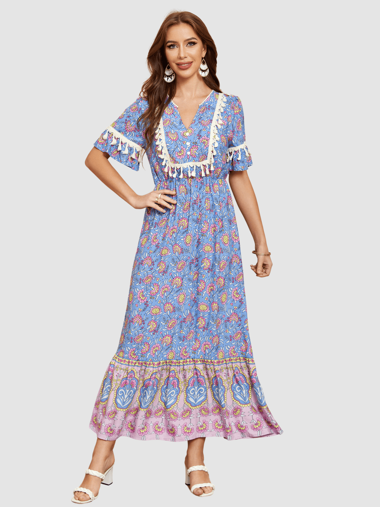 Vestido largo mujer, dress floral bohemio, escote V, detalles bordados, manga corta, cinturilla elástica, botones frontales, falda volante, cómodo, azul, talla 38, estilo casual elegante ✅Entrega 24/48h