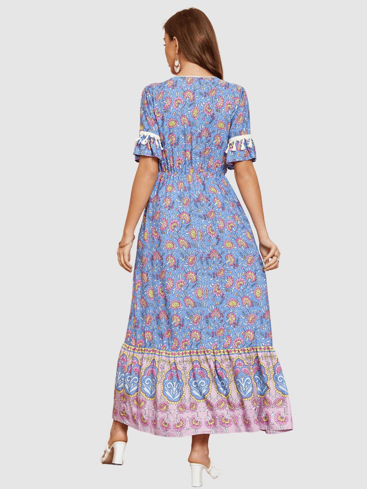 Vestido largo mujer, dress floral bohemio, escote V, detalles bordados, manga corta, cinturilla elástica, botones frontales, falda volante, cómodo, azul, talla 38, estilo casual elegante ✅Entrega 24/48h
