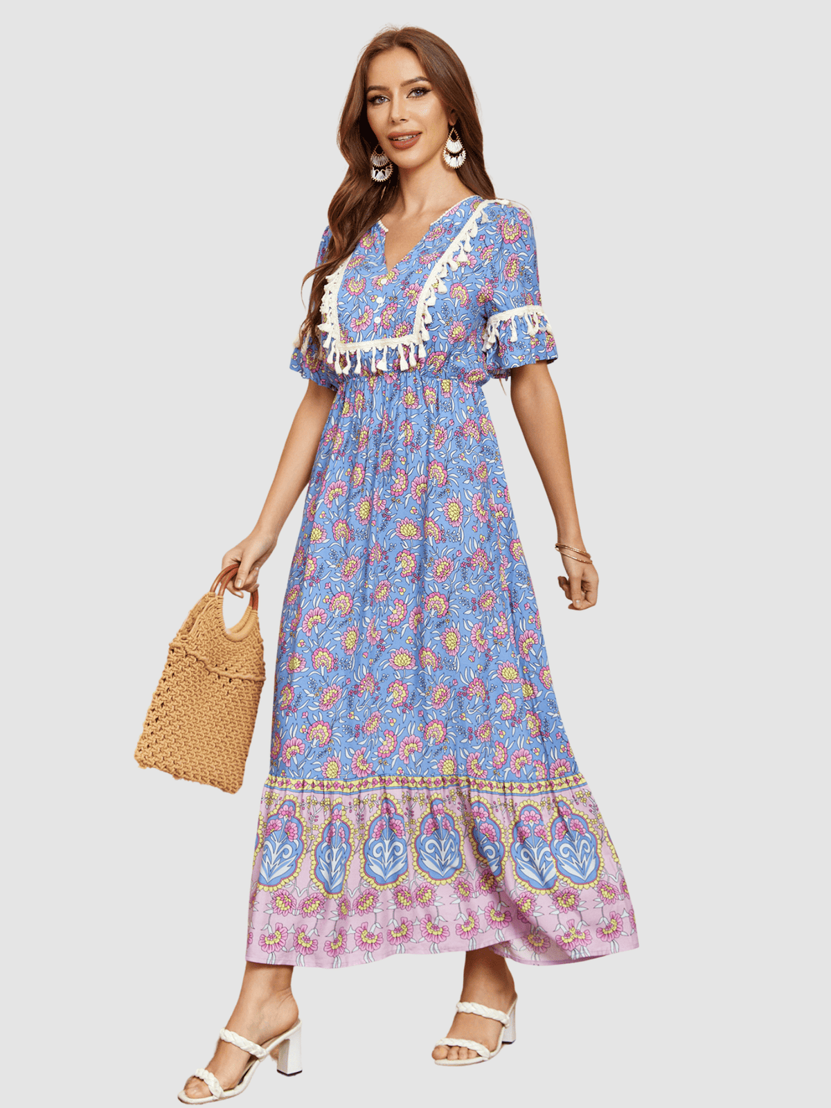 Vestido largo mujer, dress floral bohemio, escote V, detalles bordados, manga corta, cinturilla elástica, botones frontales, falda volante, cómodo, azul, talla 38, estilo casual elegante ✅Entrega 24/48h