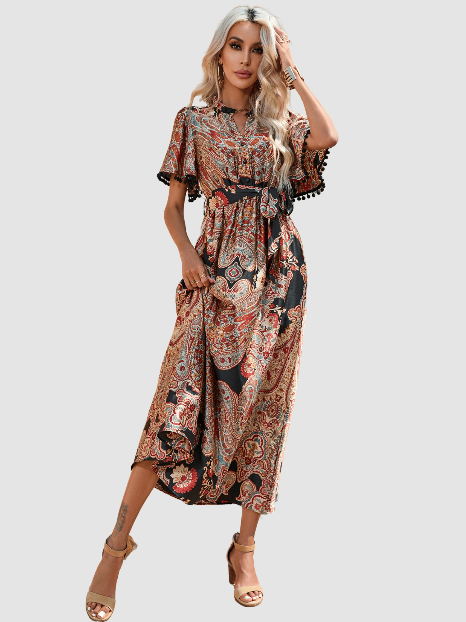 Vestido largo mujer boho chic, dress estampado paisley, manga corta, escote V, cinturón desmontable, poliéster, fluido, cómodo, talla 38, elegante y versátil, entrega rápida ✅Entrega 24/48h