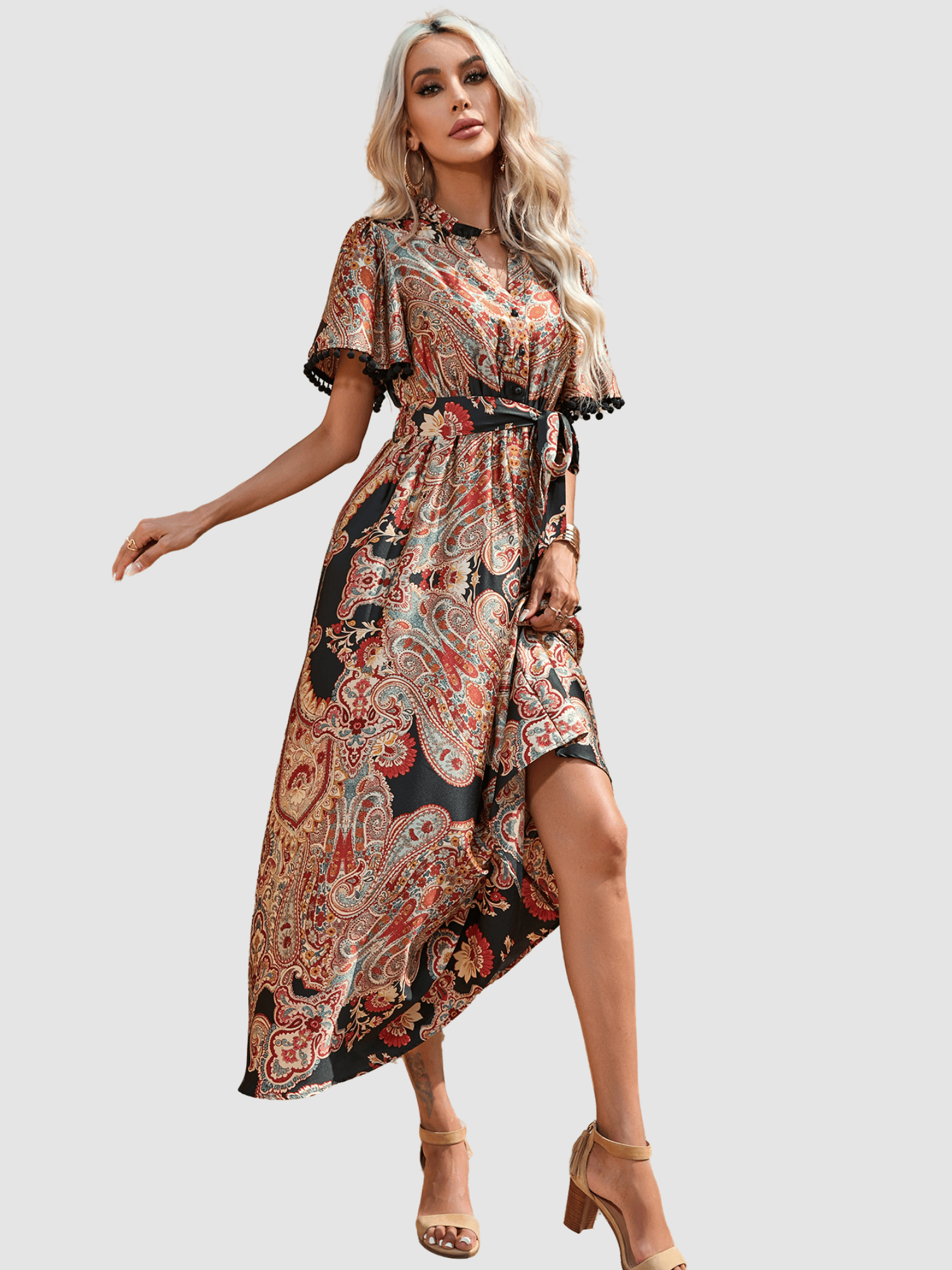 Vestido largo mujer boho chic, dress estampado paisley, manga corta, escote V, cinturón desmontable, poliéster, fluido, cómodo, talla 38, elegante y versátil, entrega rápida ✅Entrega 24/48h
