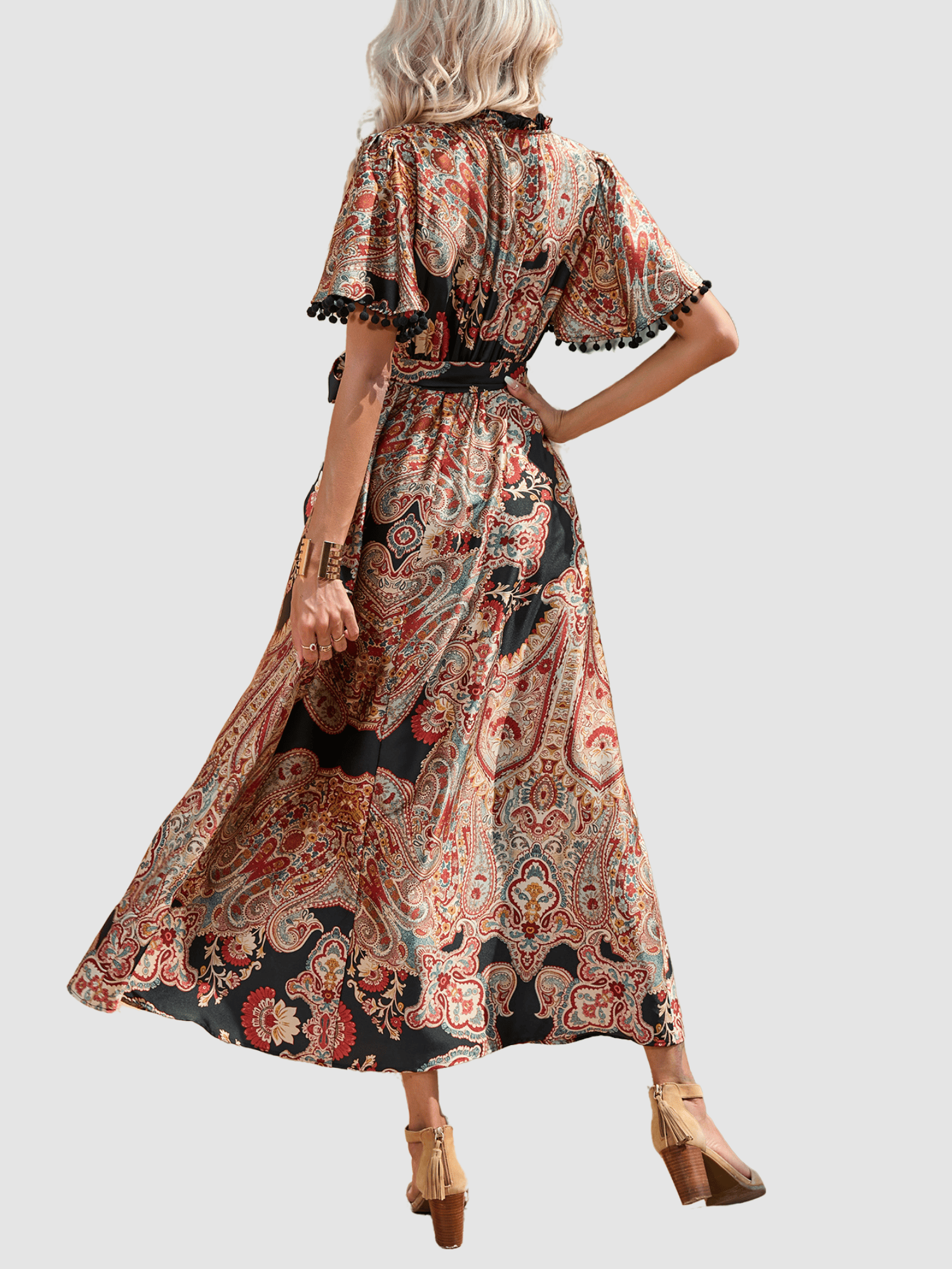 Vestido largo mujer boho chic, dress estampado paisley, manga corta, escote V, cinturón desmontable, poliéster, fluido, cómodo, talla 38, elegante y versátil, entrega rápida ✅Entrega 24/48h