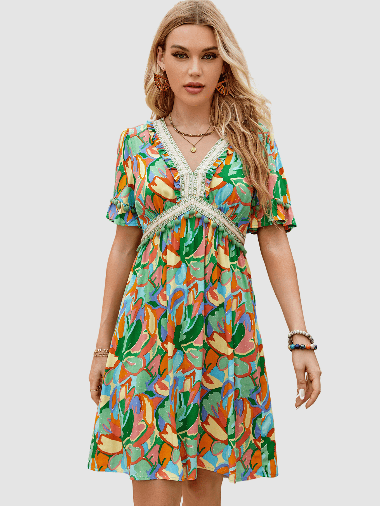 Vestido corto boho mujer, dress estampado floral, cuello redondo, escote V bordado, manga corta volante, borlas decorativas, cintura elástica, modelo AN-030989, color verde, talla 38, elegante cómodo versátil ✅Entrega 24/48h
