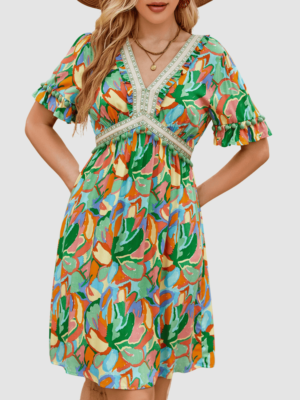 Vestido corto boho mujer, dress estampado floral, cuello redondo, escote V bordado, manga corta volante, borlas decorativas, cintura elástica, modelo AN-030989, color verde, talla 38, elegante cómodo versátil ✅Entrega 24/48h
