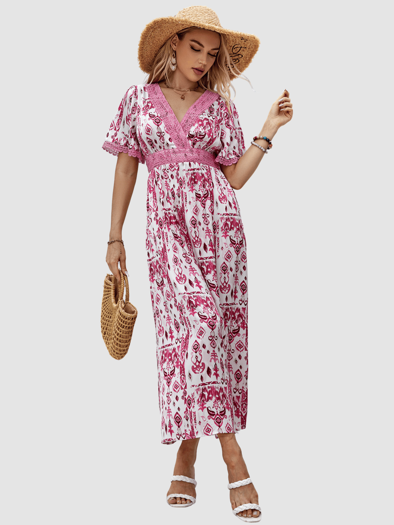 Vestido largo mujer, dress bohemio estampado, modelo AN-031000, algodón, escote en V, detalles crochet, manga corta, cintura elástica, cómodo y fresco, color rosa, talla 38, ideal verano ✅Entrega 24/48h