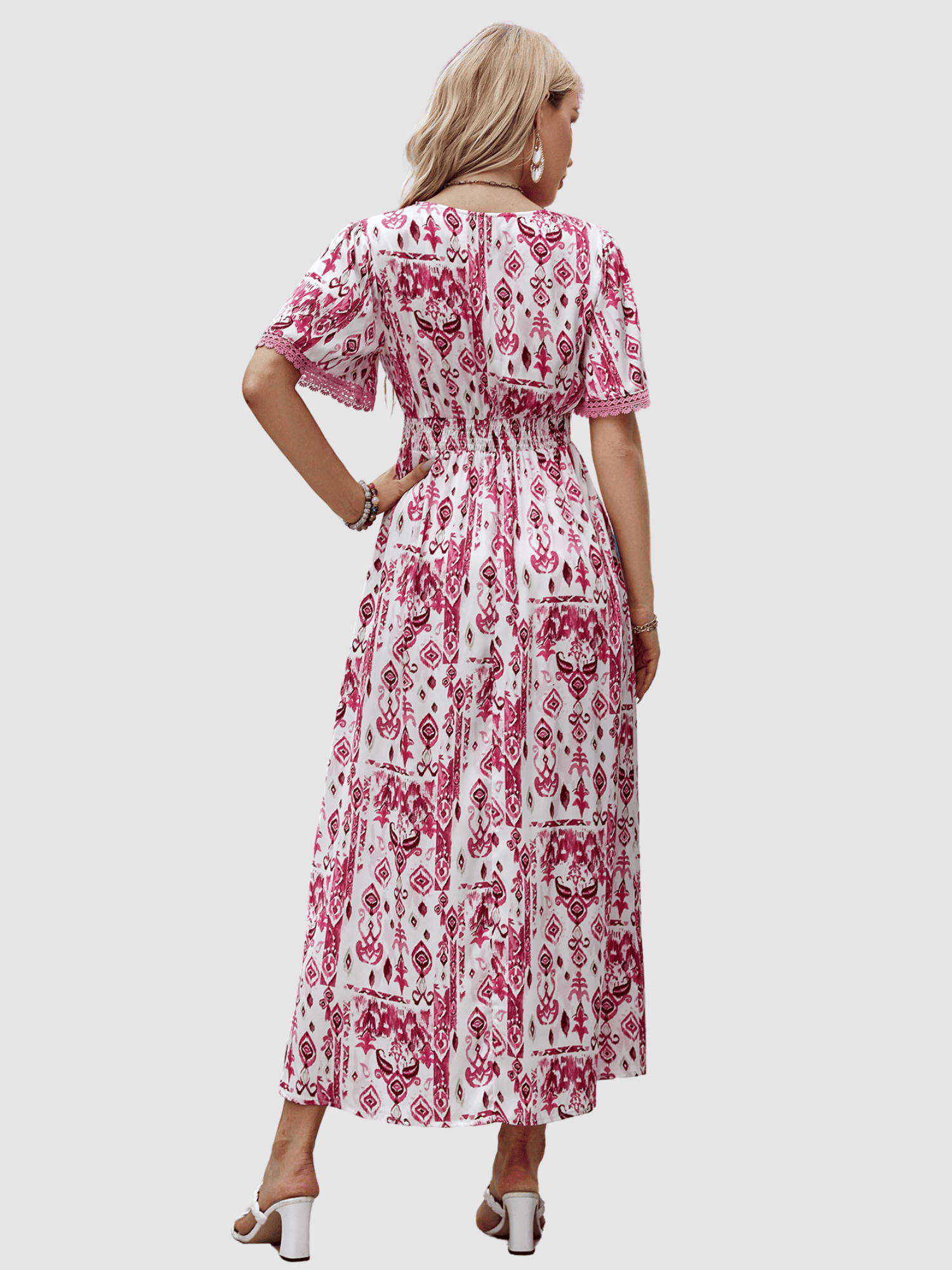 Vestido largo mujer, dress bohemio estampado, modelo AN-031000, algodón, escote en V, detalles crochet, manga corta, cintura elástica, cómodo y fresco, color rosa, talla 38, ideal verano ✅Entrega 24/48h