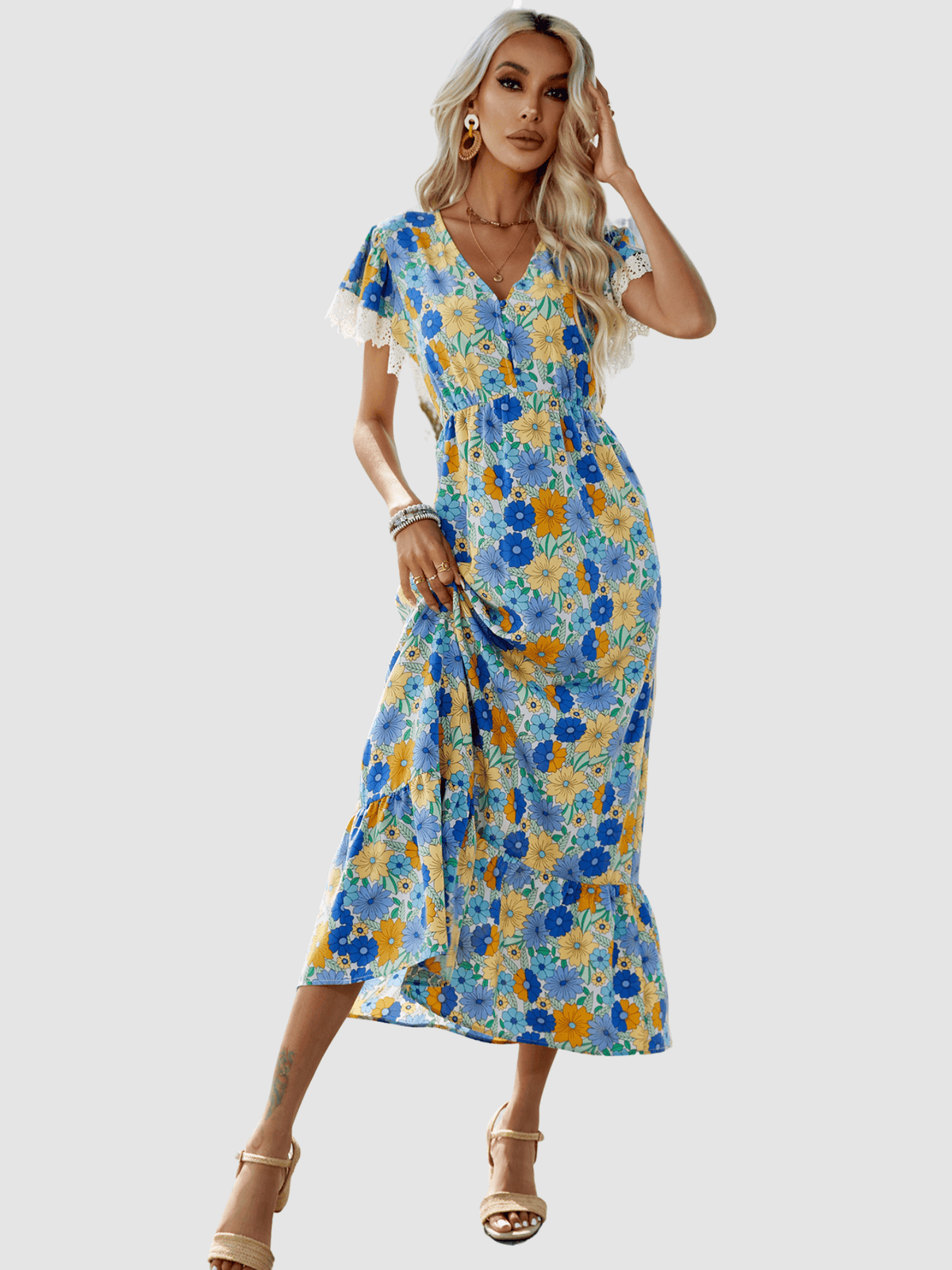 Vestido mujer midi estampado floral, dress fluido escote V, botones delanteros, manga corta detalle crochet, cintura elástica, look cómodo, versátil, elegante, ideal verano, azul, talla 38, ✅Entrega 24/48h
