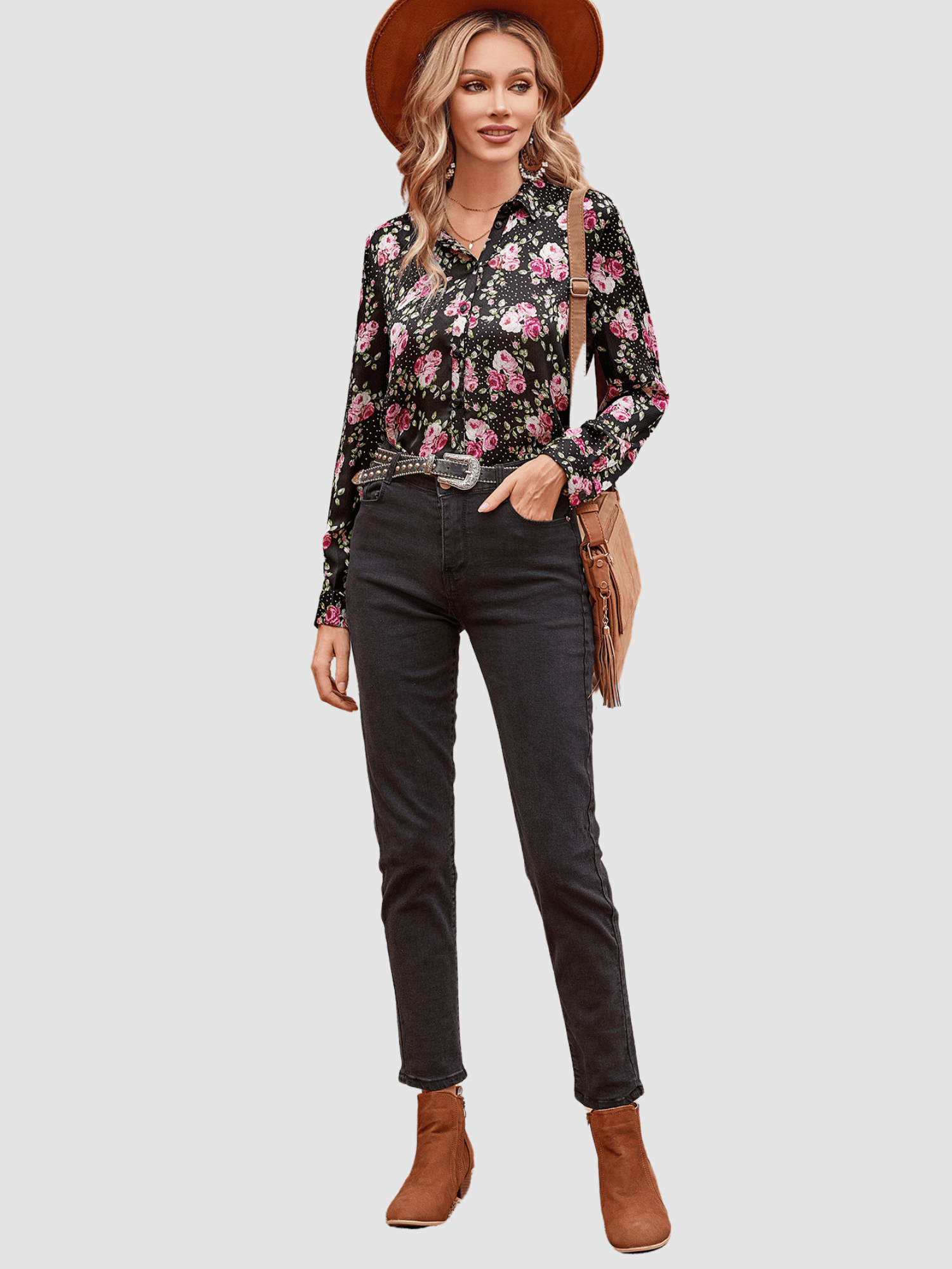 Blusa mujer, camisa floral, modelo manga larga, viscosa ligera, cuello clásico, cierre botones, diseño moderno, estampada negra, cómoda, versátil, talla 38, elegante y casual ✅Entrega 24/48h