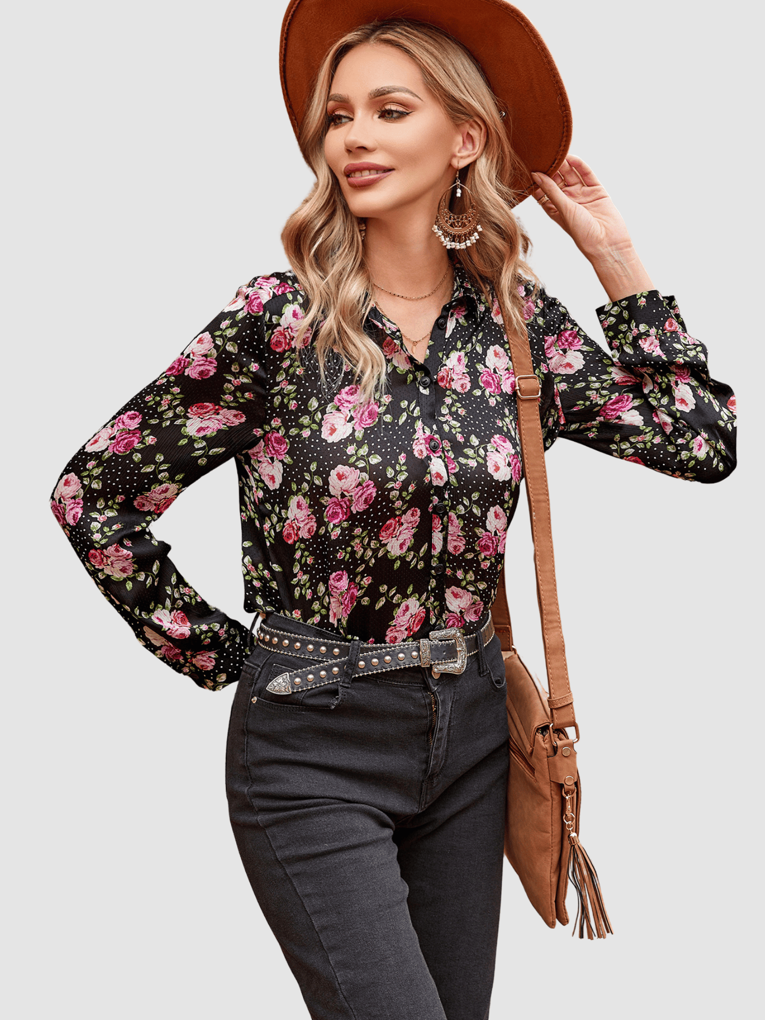Blusa mujer, camisa floral, modelo manga larga, viscosa ligera, cuello clásico, cierre botones, diseño moderno, estampada negra, cómoda, versátil, talla 38, elegante y casual ✅Entrega 24/48h
