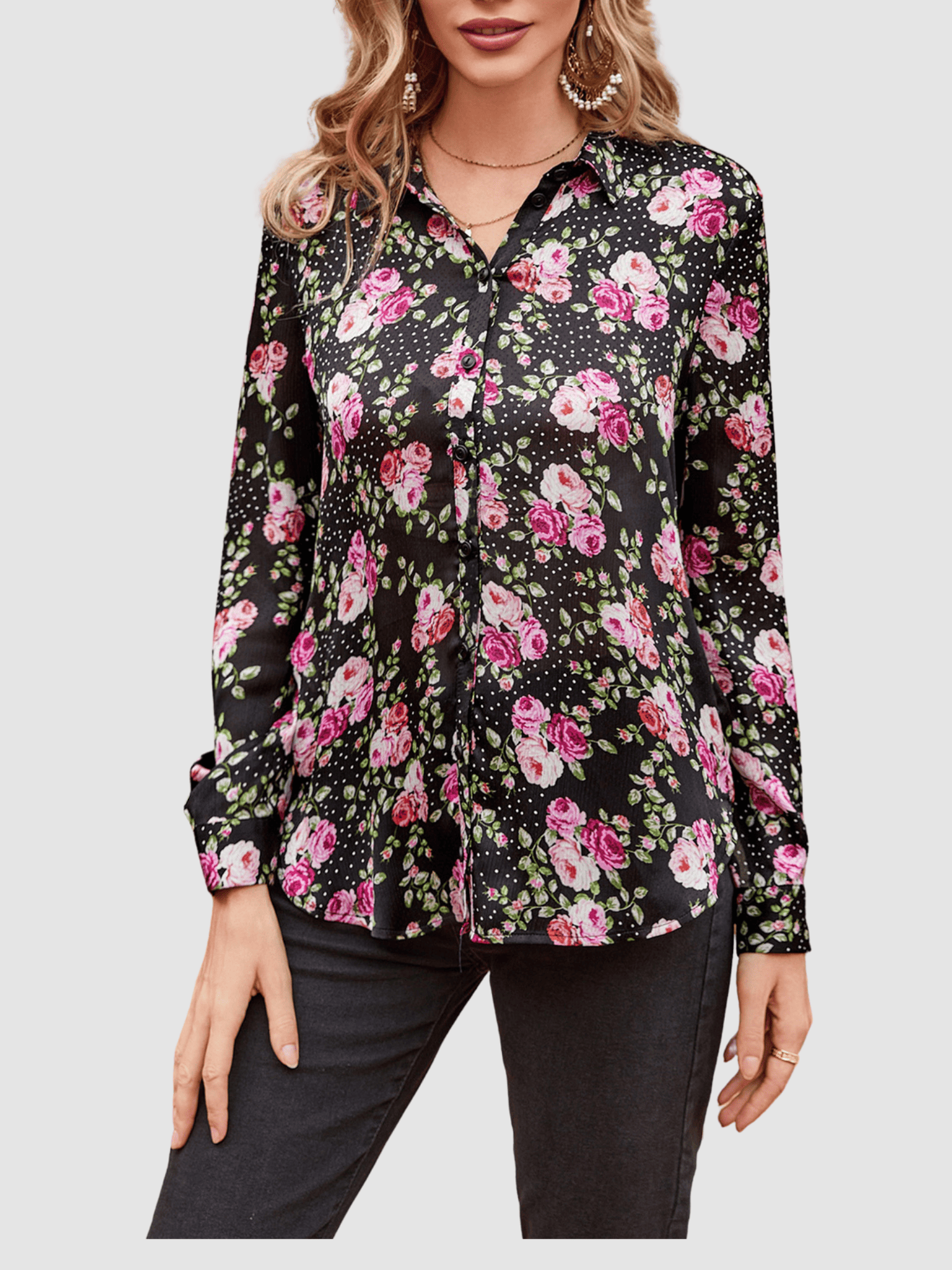 Blusa mujer, camisa floral, modelo manga larga, viscosa ligera, cuello clásico, cierre botones, diseño moderno, estampada negra, cómoda, versátil, talla 38, elegante y casual ✅Entrega 24/48h