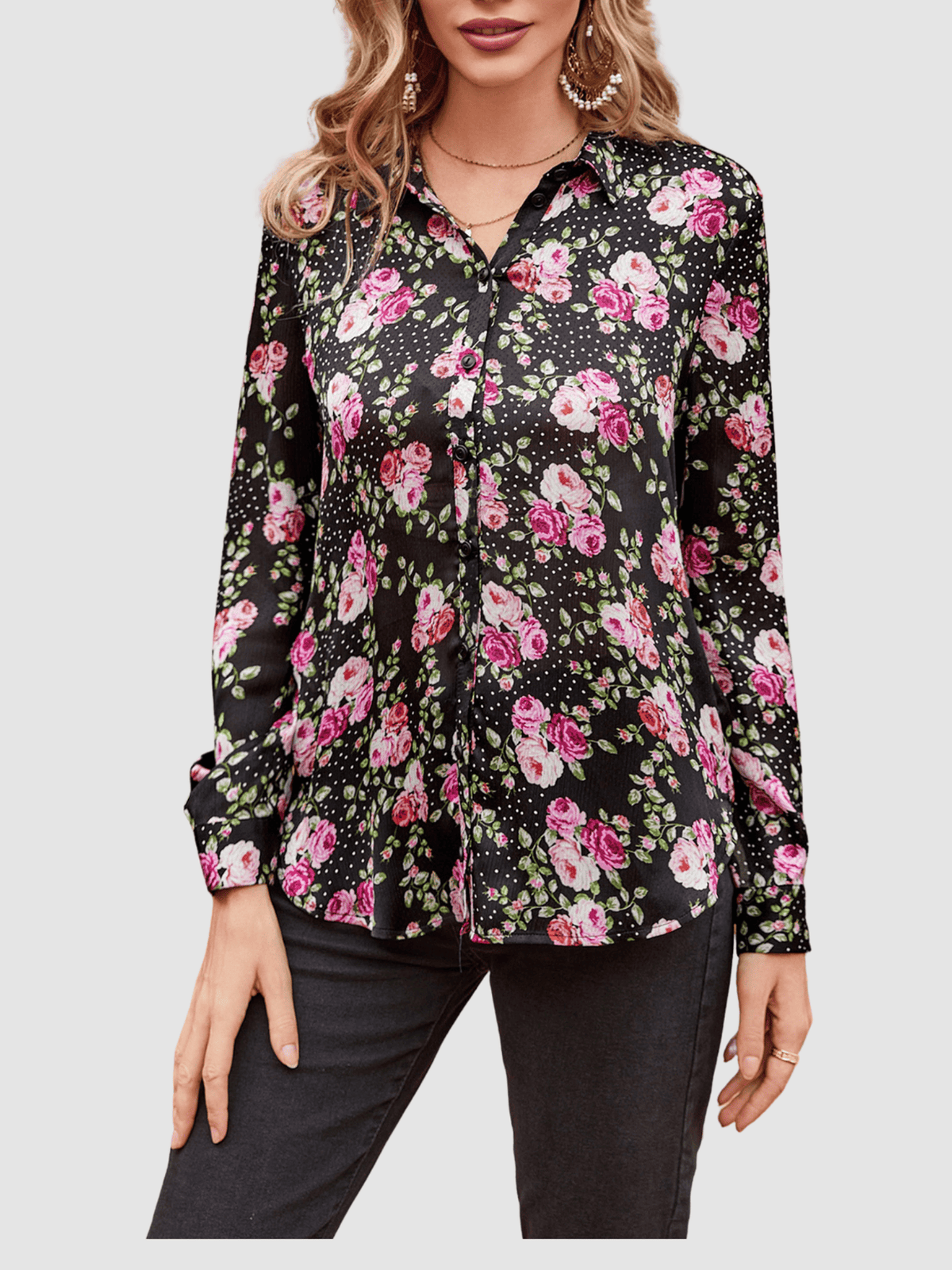 Blusa mujer, camisa floral, modelo manga larga, viscosa ligera, cuello clásico, cierre botones, diseño moderno, estampada negra, cómoda, versátil, talla 38, elegante y casual ✅Entrega 24/48h