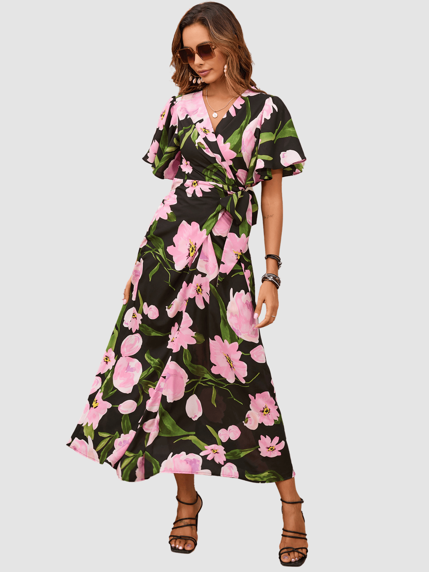 Vestido largo mujer, dress fluido cruzado floral, manga corta volantes, escote en V, cierre lazada, estilo elegante casual, modelo AN-031022, color negro, talla 38, cómodo y versátil ✅Entrega 24/48h