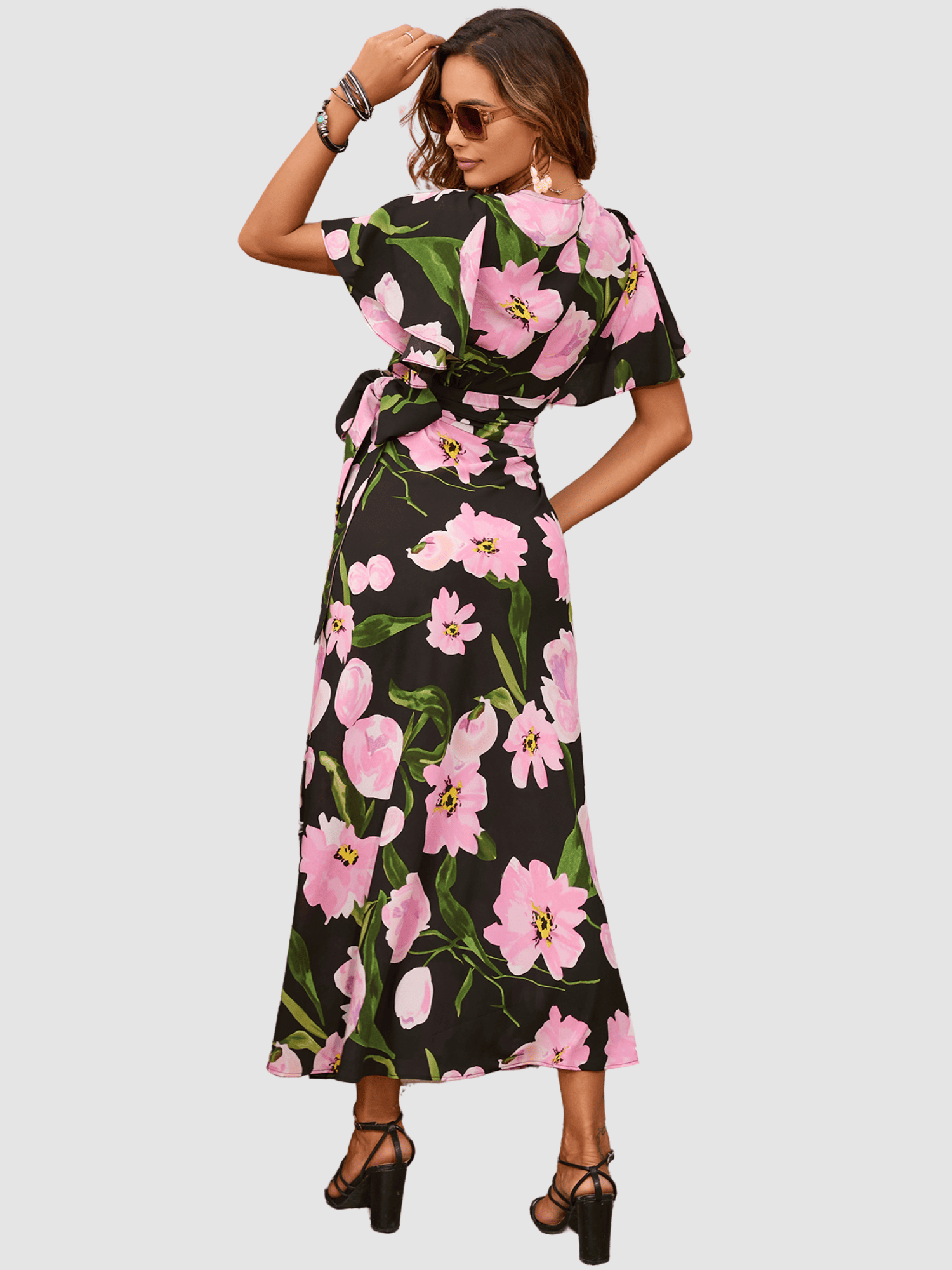 Vestido largo mujer, dress fluido cruzado floral, manga corta volantes, escote en V, cierre lazada, estilo elegante casual, modelo AN-031022, color negro, talla 38, cómodo y versátil ✅Entrega 24/48h