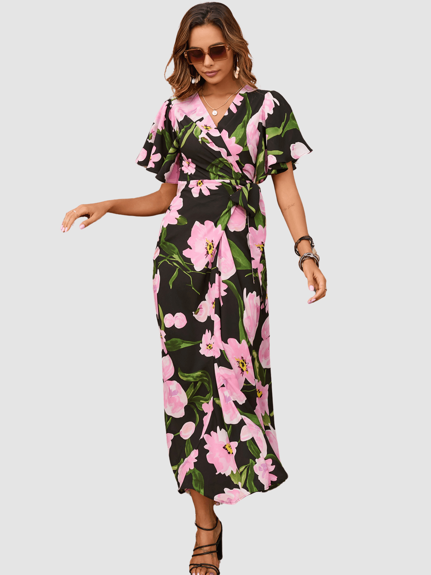 Vestido largo mujer, dress fluido cruzado floral, manga corta volantes, escote en V, cierre lazada, estilo elegante casual, modelo AN-031022, color negro, talla 38, cómodo y versátil ✅Entrega 24/48h