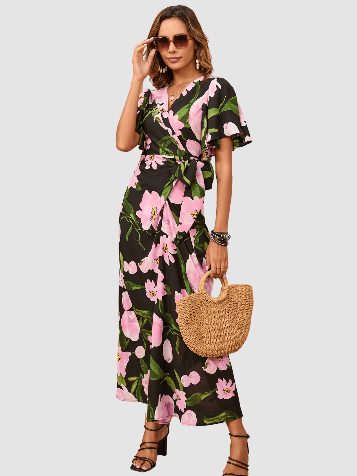 Vestido largo mujer, dress fluido cruzado floral, manga corta volantes, escote en V, cierre lazada, estilo elegante casual, modelo AN-031022, color negro, talla 38, cómodo y versátil ✅Entrega 24/48h