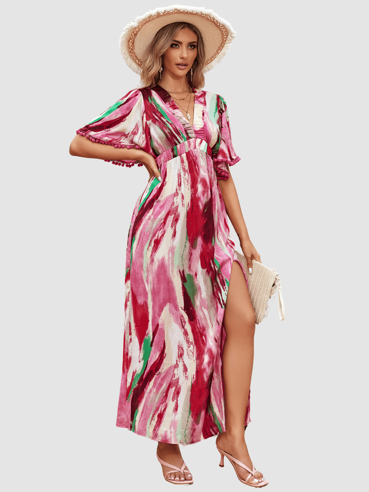 Vestido largo fluido mujer, dress estampado moderno, manga corta con borlas, escote en V fruncido, cintura elástica, estilo veraniego, cómodo y versátil, talla 38, rosa multicolor ✅Entrega 24/48h