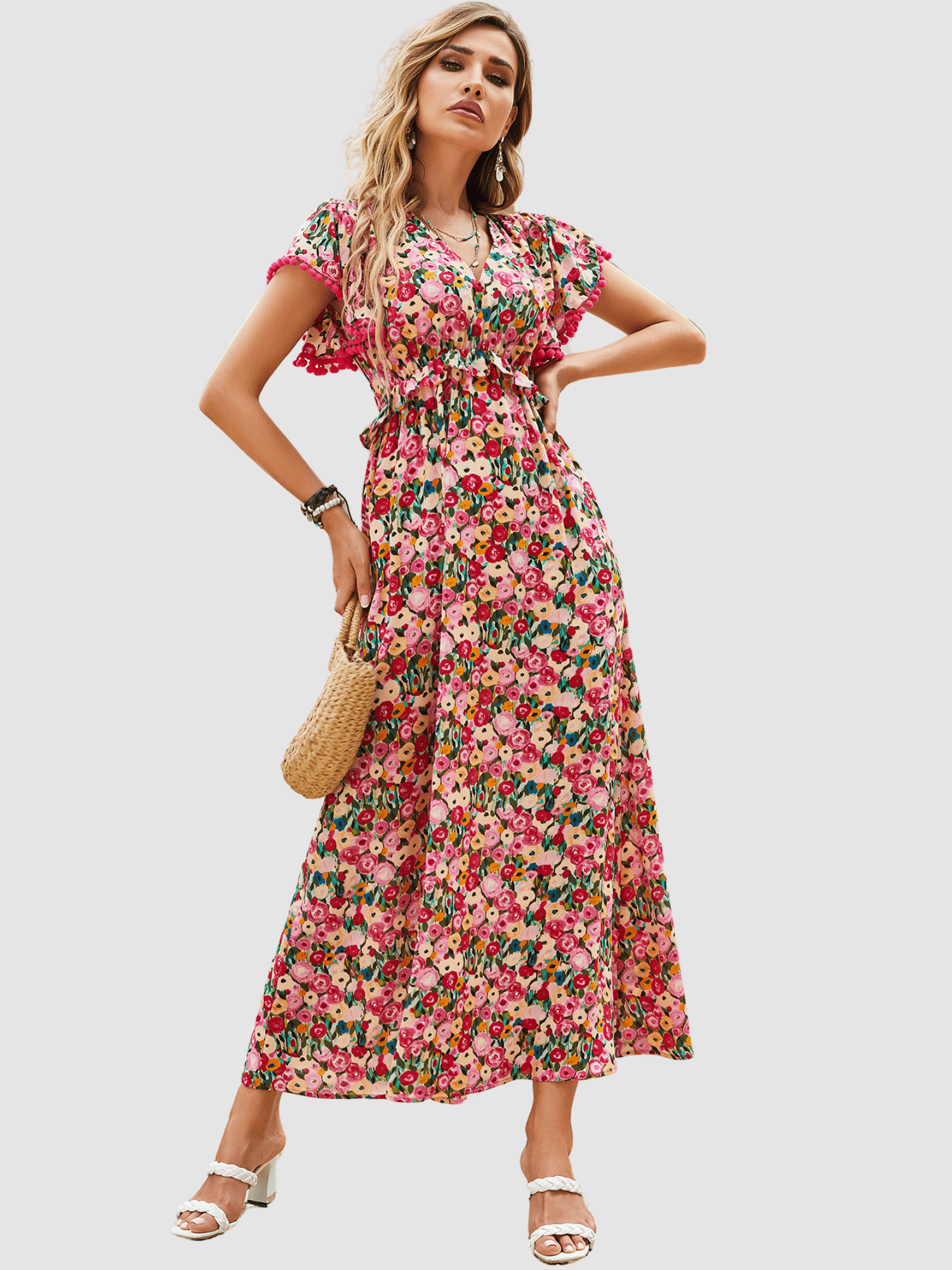Vestido largo mujer, dress estampado floral, modelo fluido Anany AN-031042, tela ligera, corte holgado, manga corta volante, escote V, multicolor, talla 38, cómodo y fresco, ideal verano ✅Entrega 24/48h