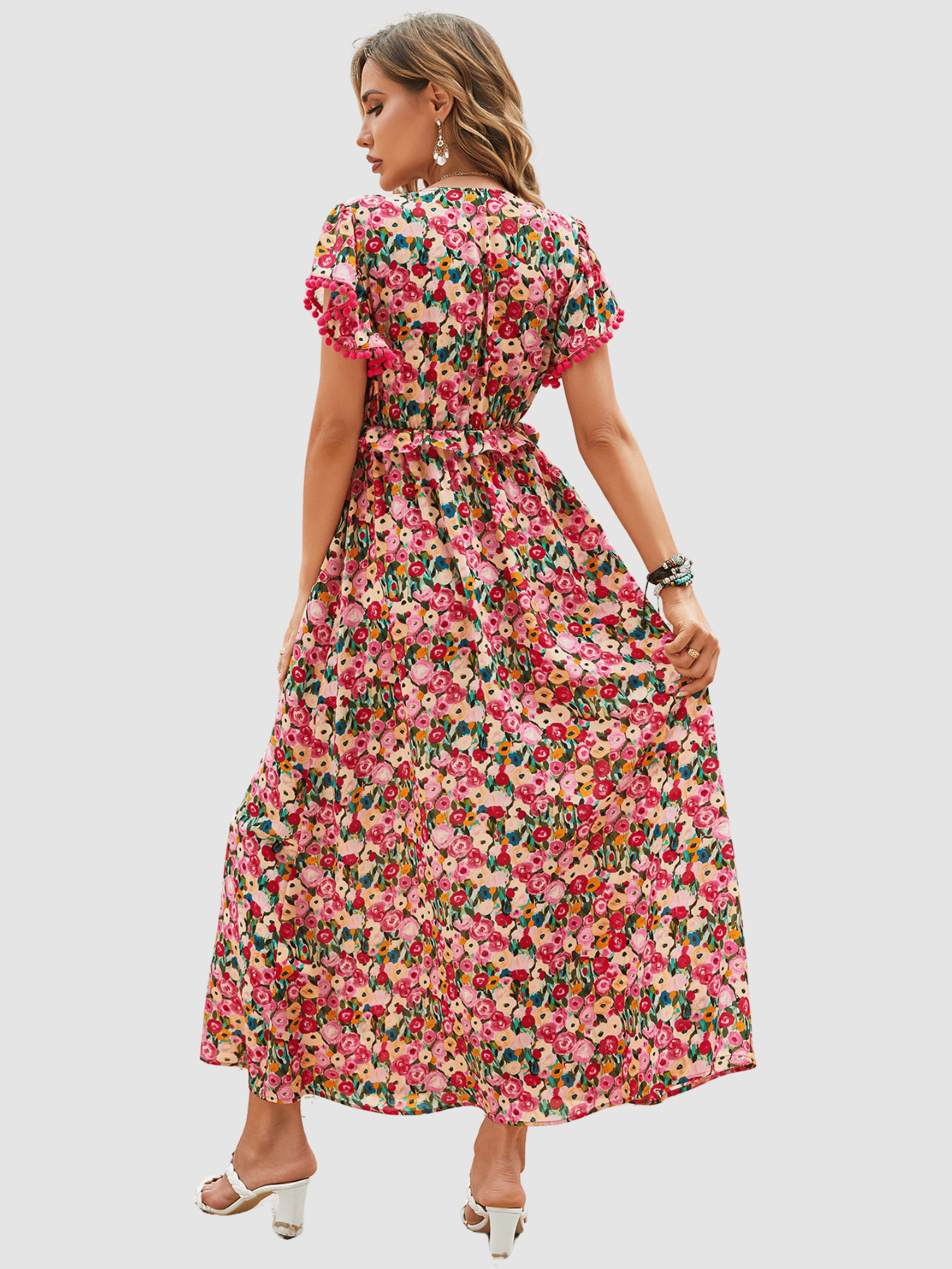 Vestido largo mujer, dress estampado floral, modelo fluido Anany AN-031042, tela ligera, corte holgado, manga corta volante, escote V, multicolor, talla 38, cómodo y fresco, ideal verano ✅Entrega 24/48h