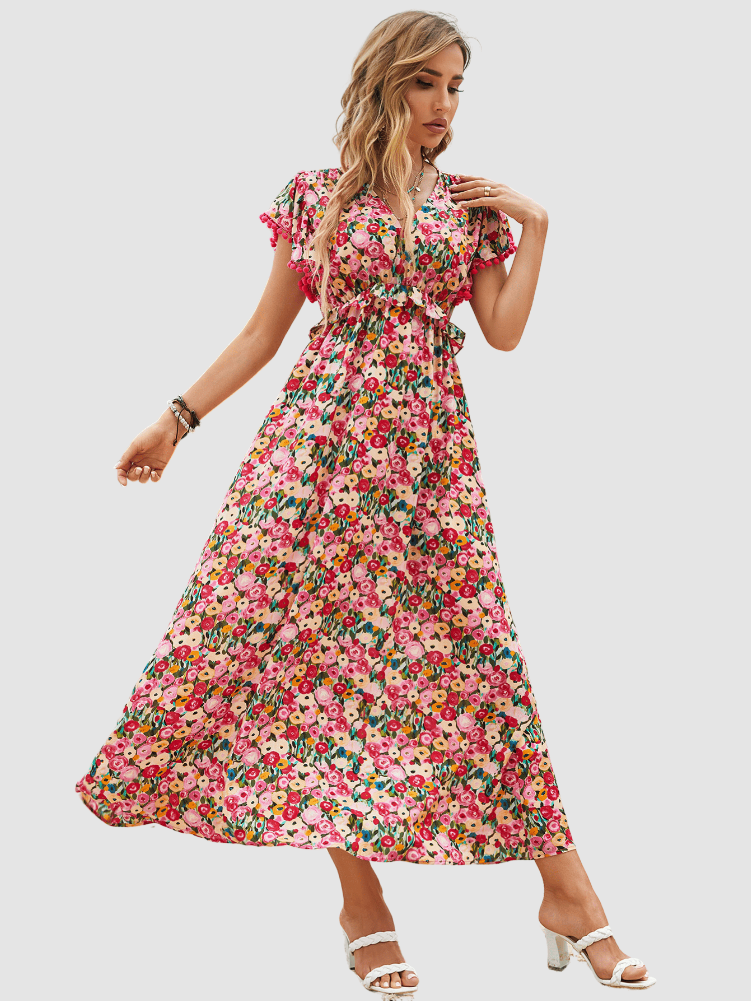 Vestido largo mujer, dress estampado floral, modelo fluido Anany AN-031042, tela ligera, corte holgado, manga corta volante, escote V, multicolor, talla 38, cómodo y fresco, ideal verano ✅Entrega 24/48h